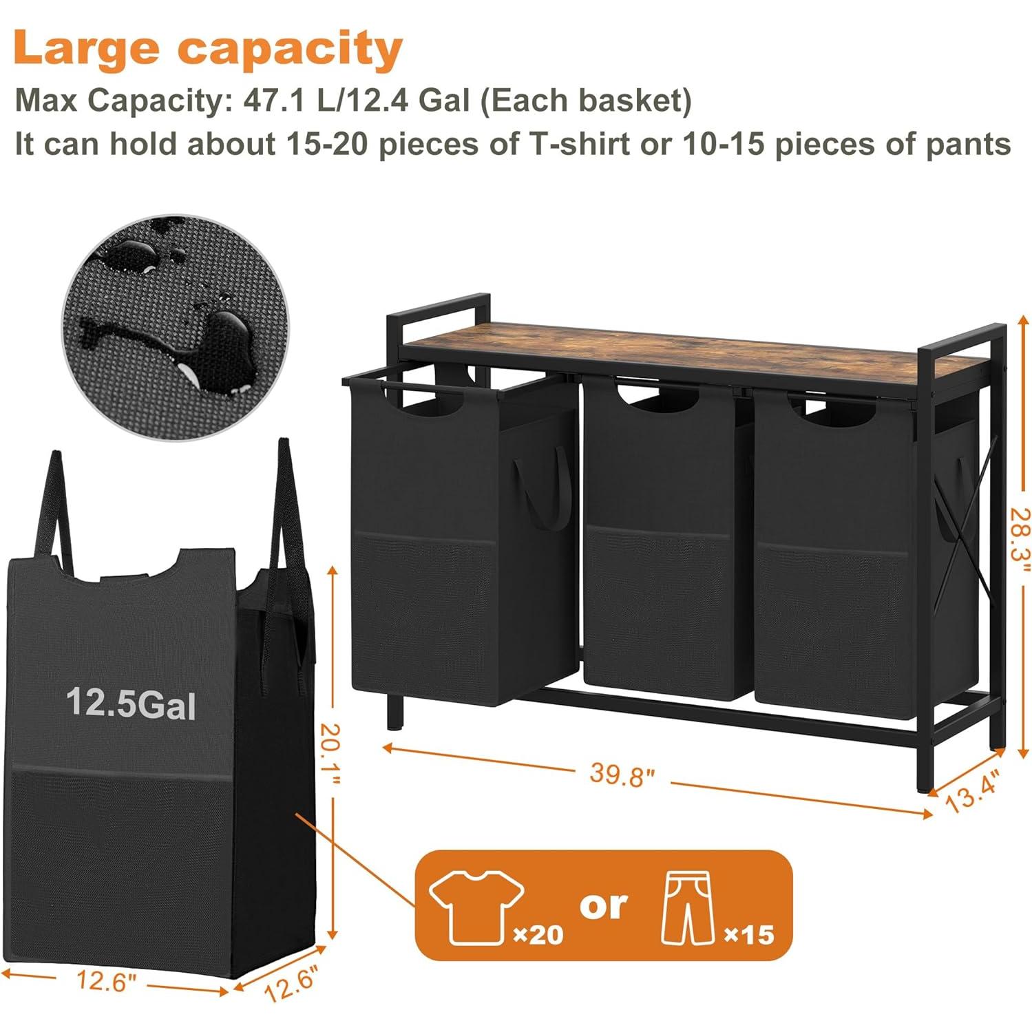 Cesto de Ropa Heybly 3 Secciones Marrón Rústico 141.3L