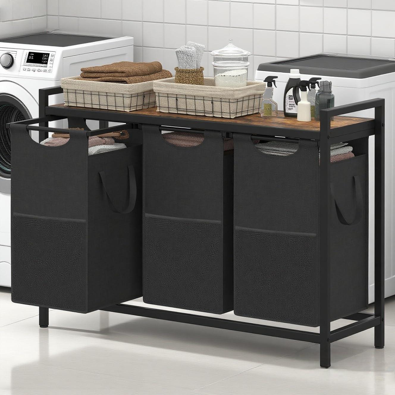 Cesto de Ropa Heybly 3 Secciones Marrón Rústico 141.3L