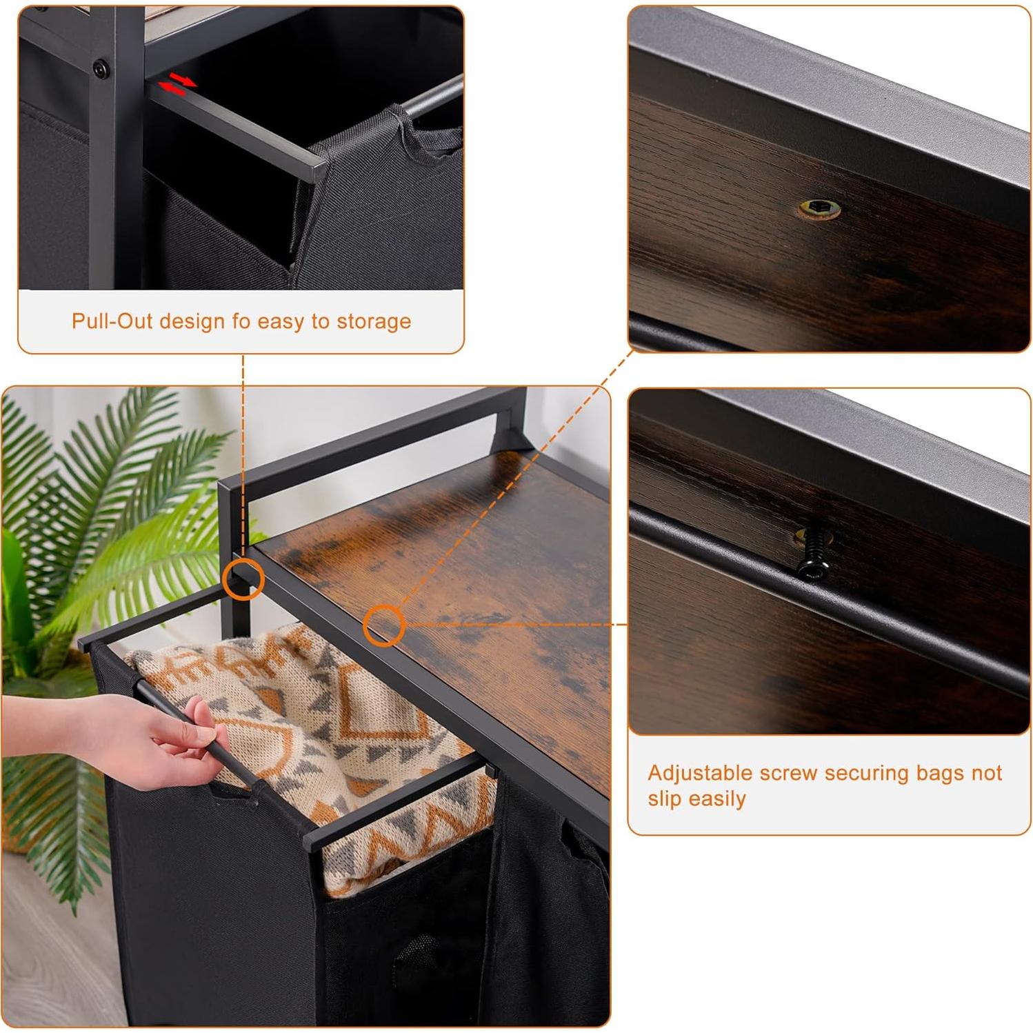 Cesto de Ropa Heybly 3 Secciones Marrón Rústico 141.3L