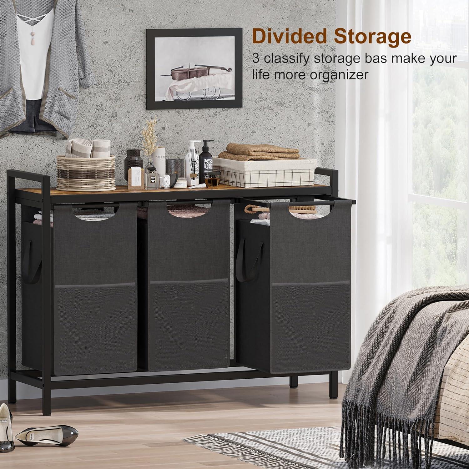 Cesto de Ropa Heybly 3 Secciones Marrón Rústico 141.3L