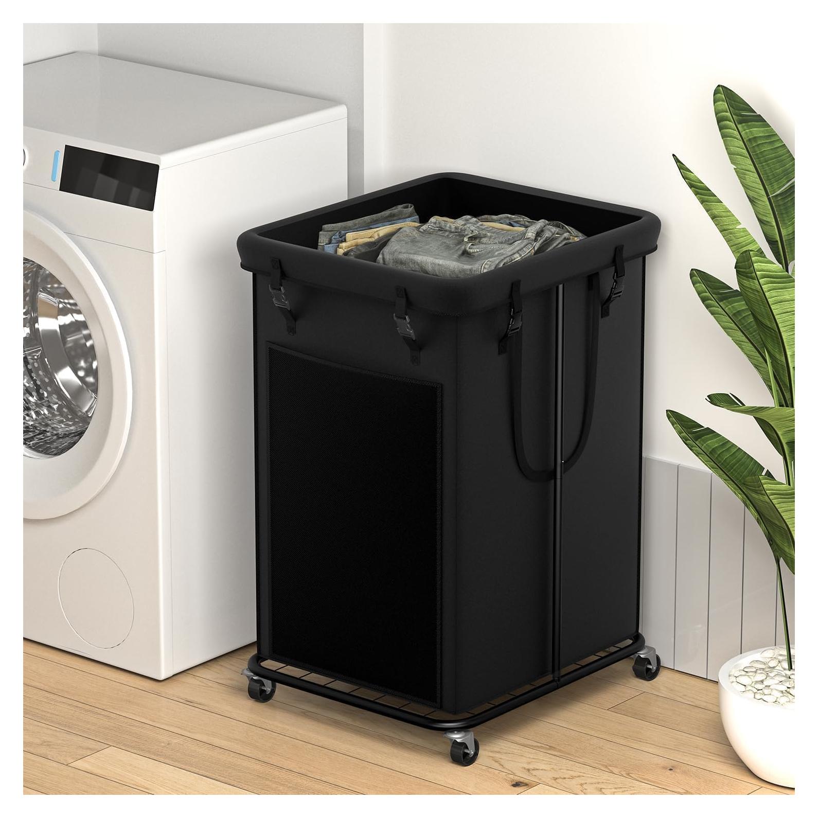Cesto de Ropa 150L YKDIRECT Negro con Ruedas y Marco de Metal