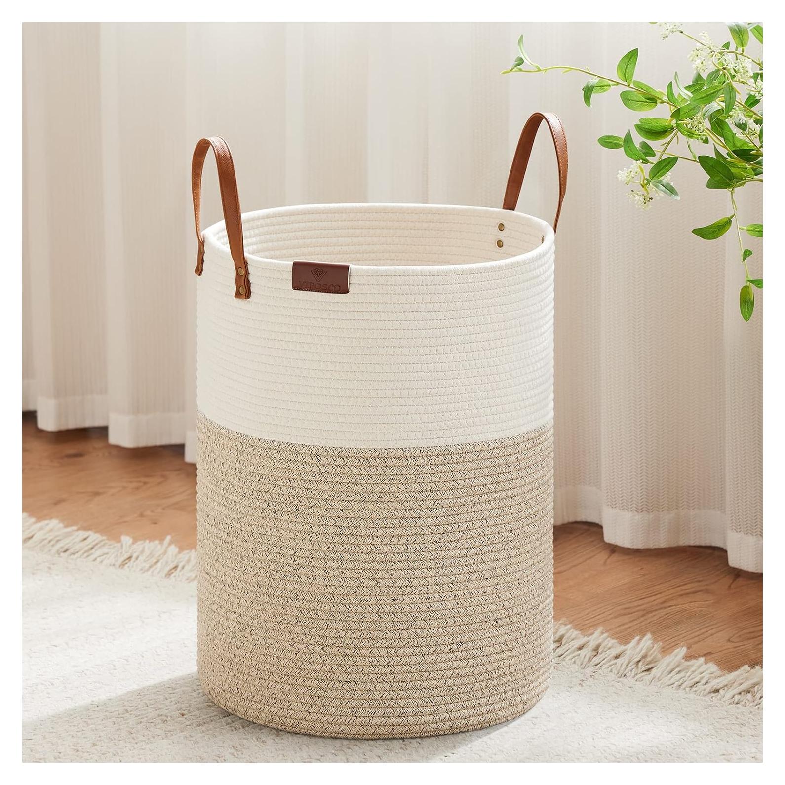 Cesta de Ropa Sucia VIPOSCO 58L Algodón con Asa de Cuero