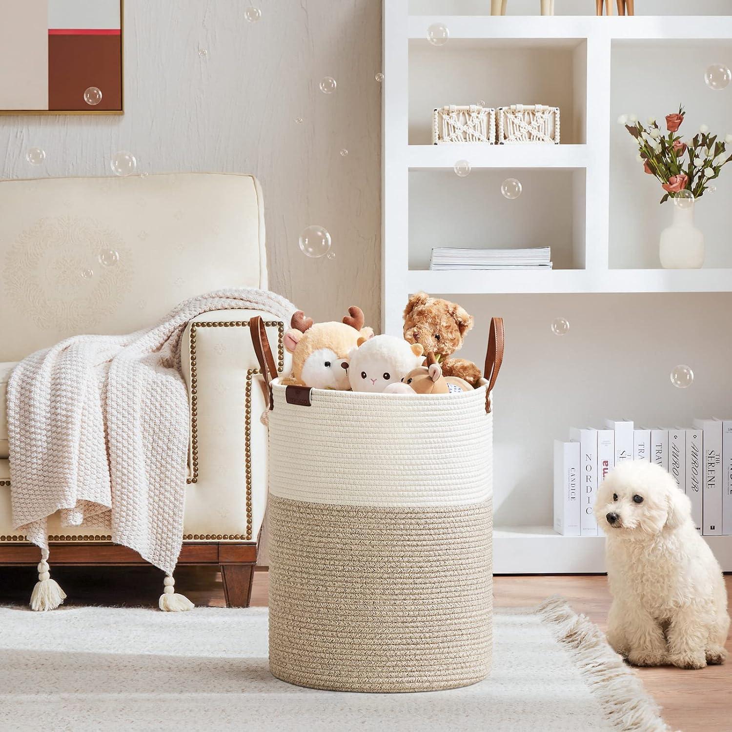 Cesta de Ropa Sucia VIPOSCO 58L Algodón con Asa de Cuero