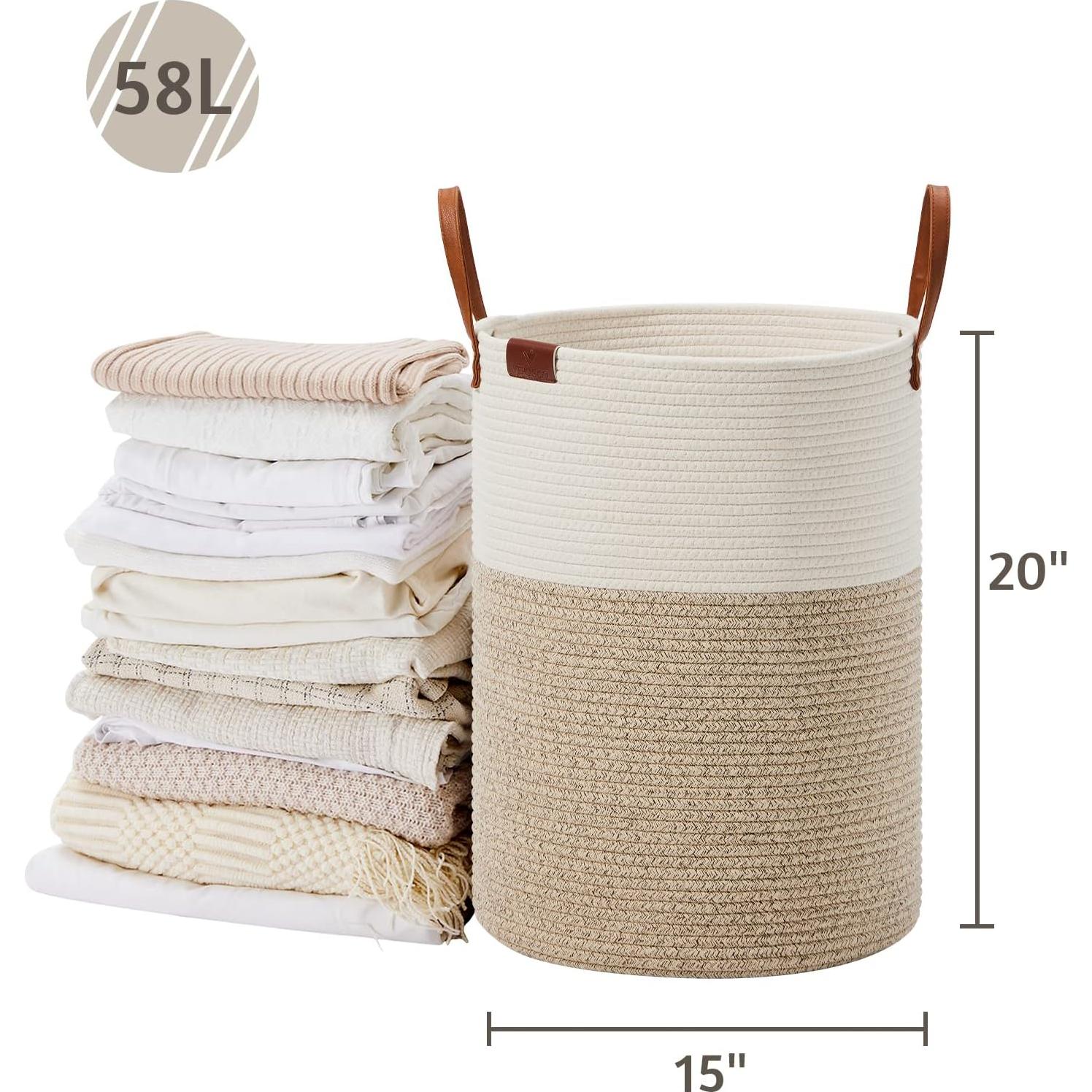 Cesta de Ropa Sucia VIPOSCO 58L Algodón con Asa de Cuero