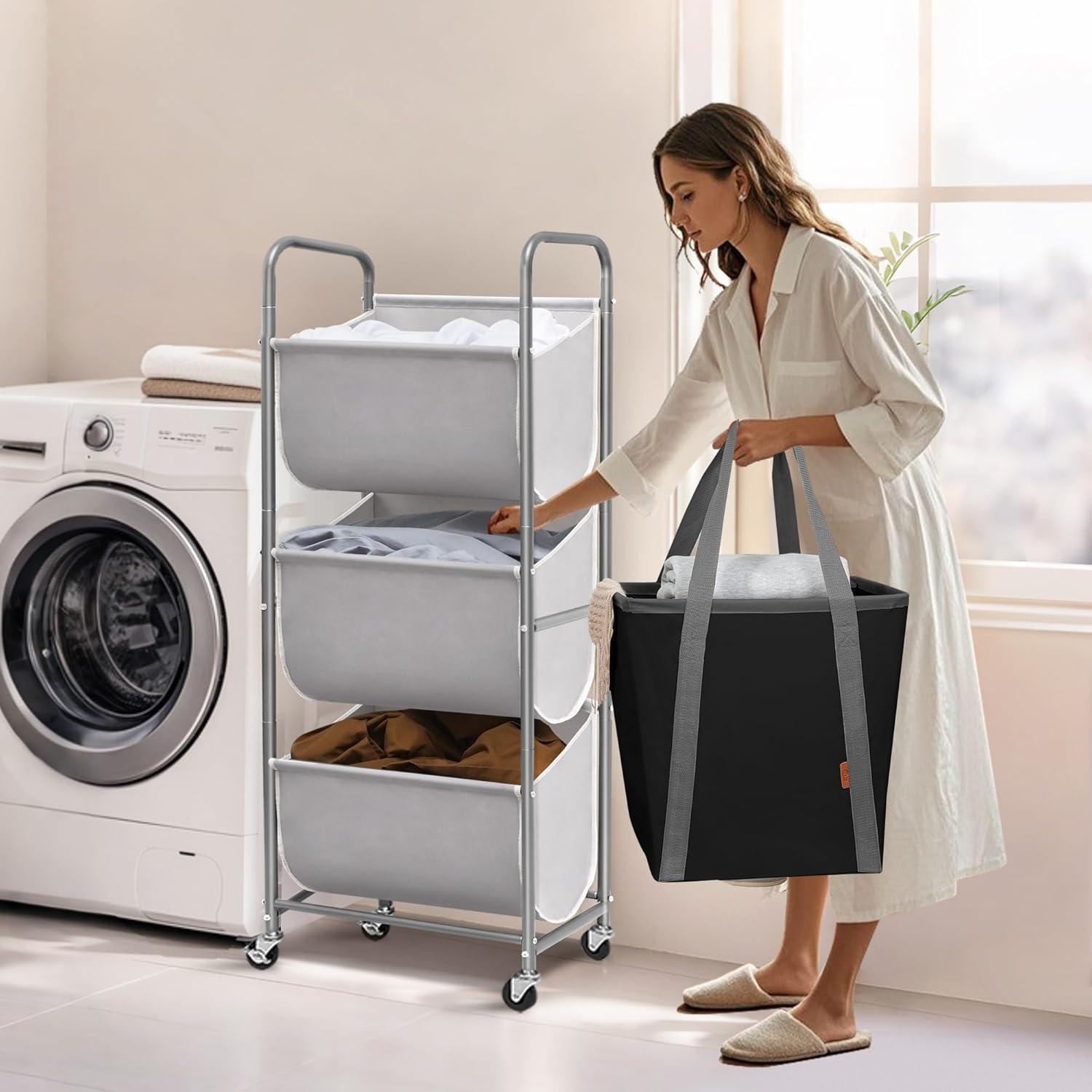 Cesta de Ropa Vertical Rodante STORAGE MANIAC 120L Gris 3 Niveles
