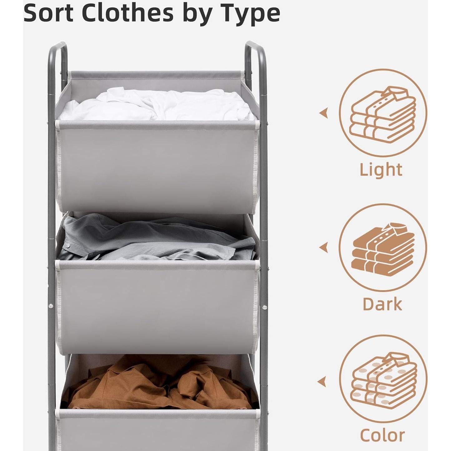 Cesta de Ropa Vertical Rodante STORAGE MANIAC 120L Gris 3 Niveles