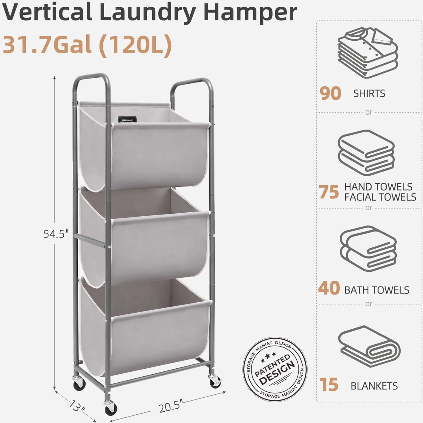 Cesta de Ropa Vertical Rodante STORAGE MANIAC 120L Gris 3 Niveles