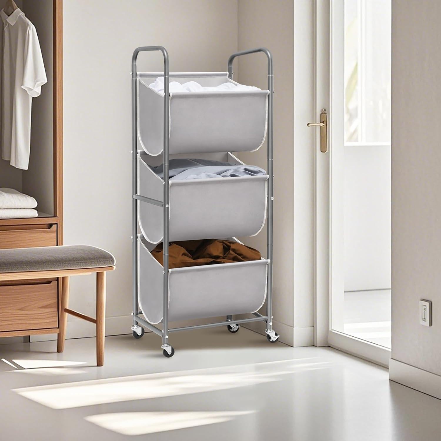 Cesta de Ropa Vertical Rodante STORAGE MANIAC 120L Gris 3 Niveles