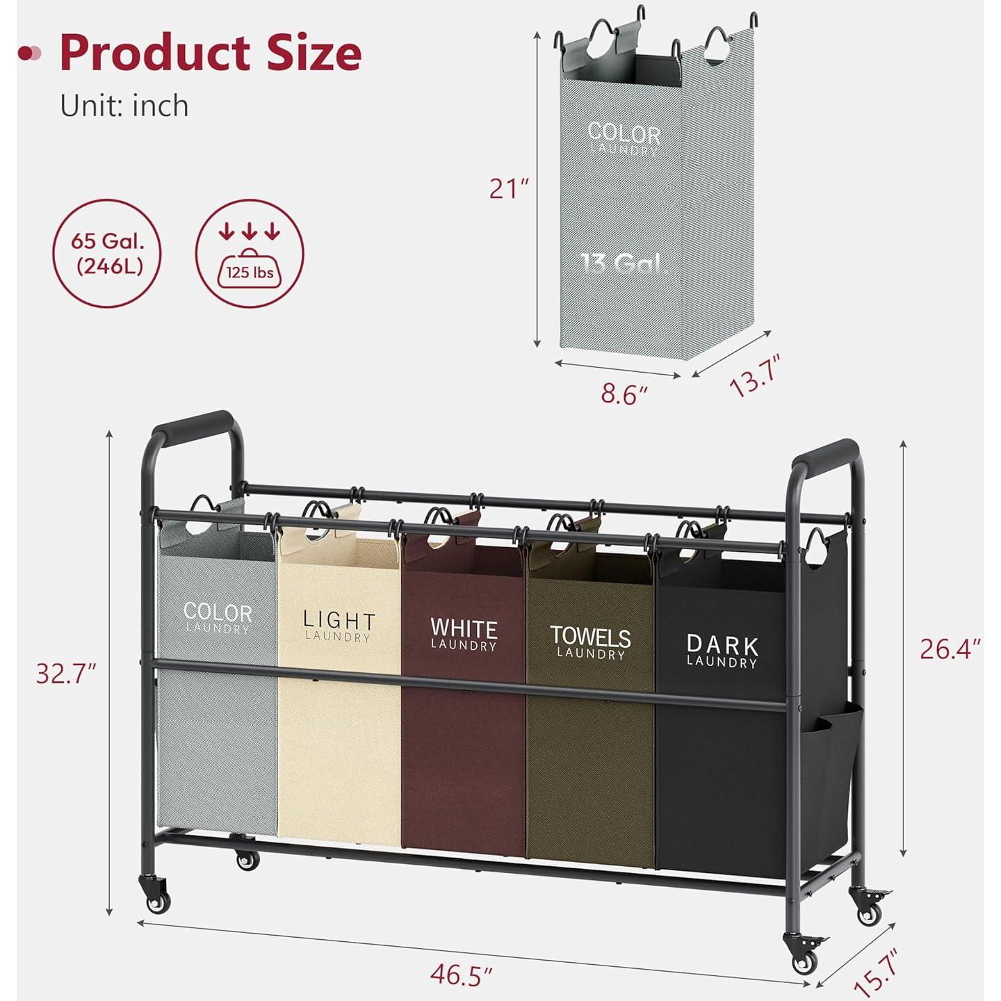 Carro Clasificador de Ropa Tajsoon 5 Bolsas con Ruedas 49.2L