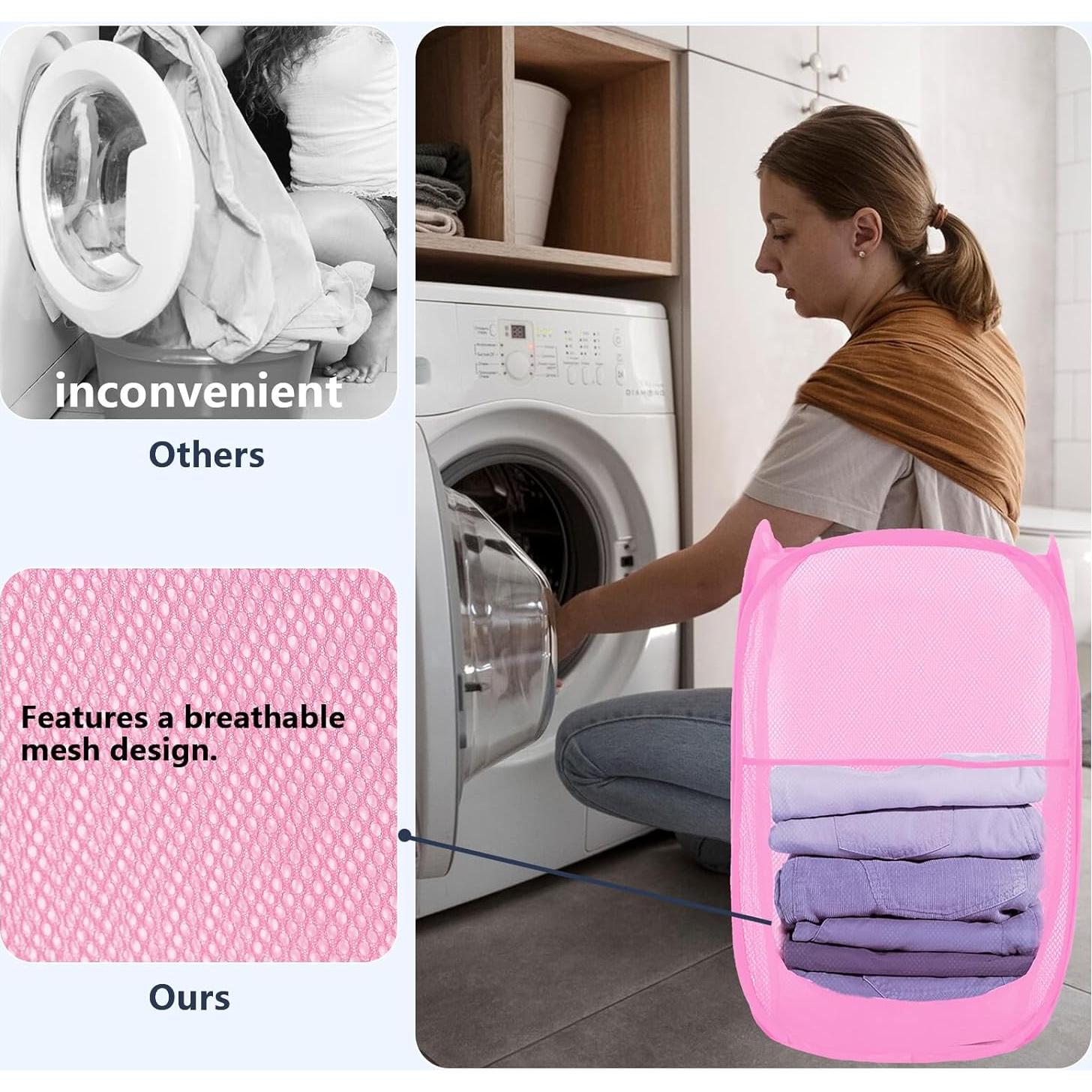 Cesta de Lavandería Plegable LXLOVESM Rosa 35.5x35.5x61cm