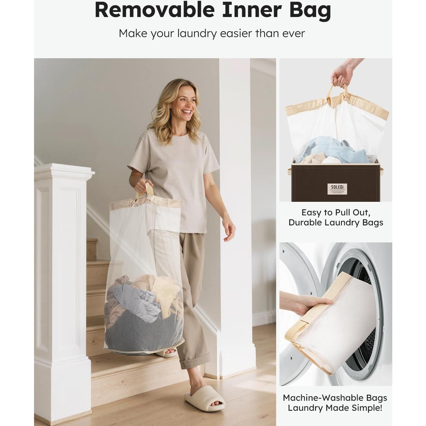 Cesto de Ropa SOLEDI 100L con Tapa y Bolsa Extraíble Chocolate