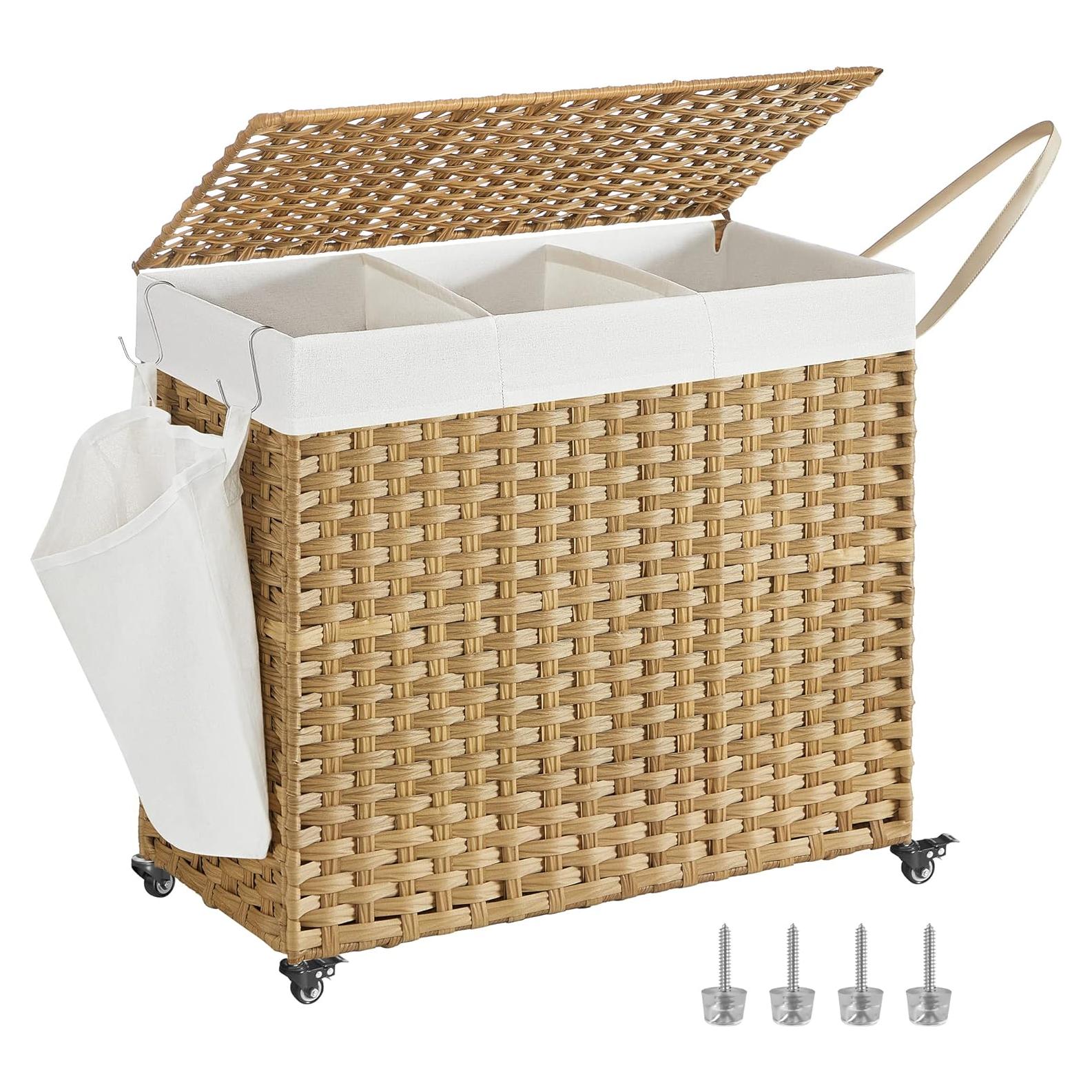 Cesta de Ropa SONGMICS 160L con Tapa y Ruedas, 3 Secciones