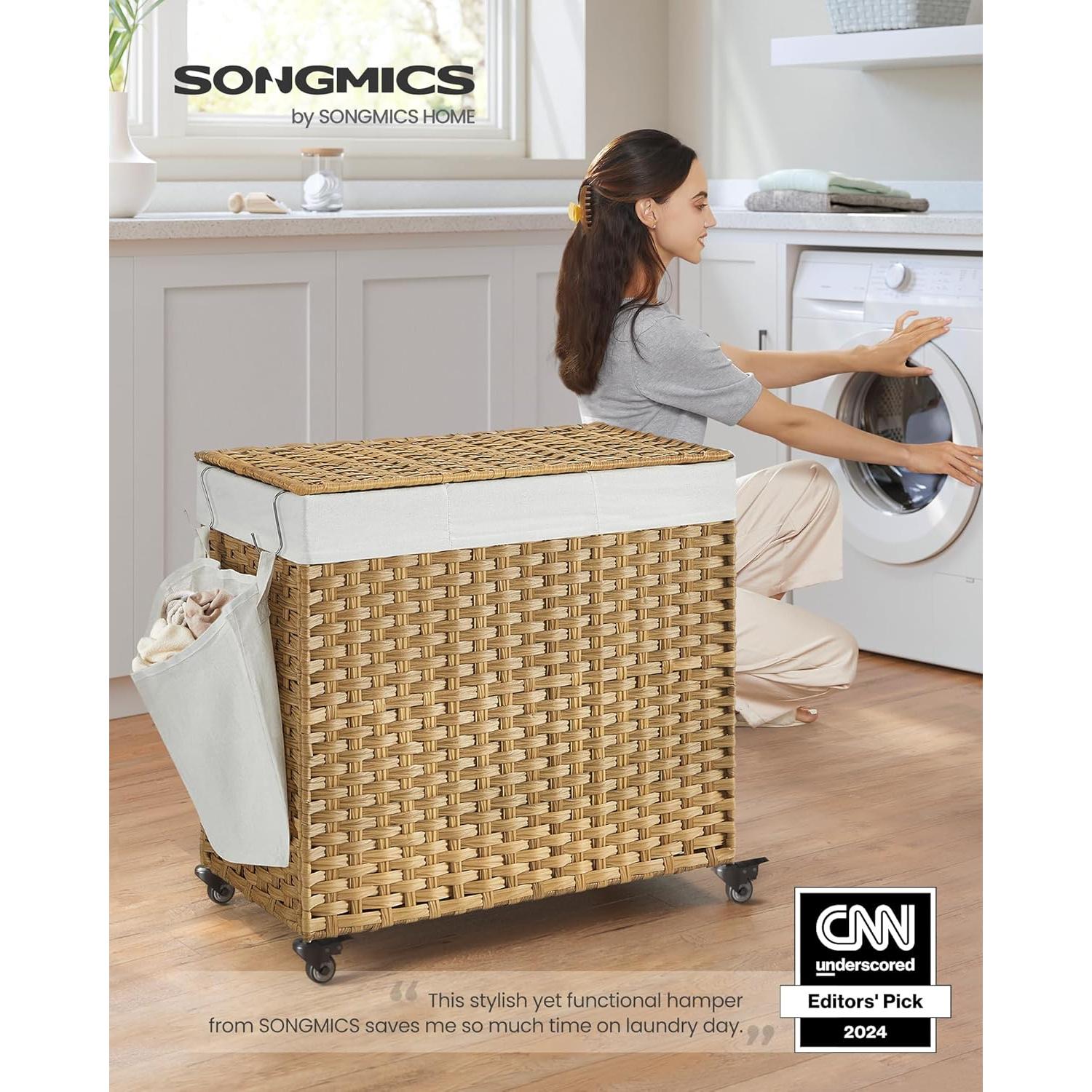 Cesta de Ropa SONGMICS 160L con Tapa y Ruedas, 3 Secciones