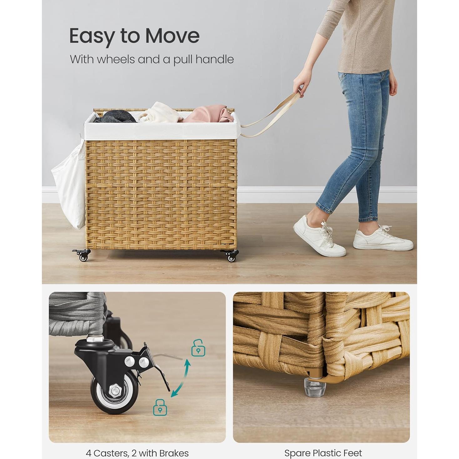 Cesta de Ropa SONGMICS 160L con Tapa y Ruedas, 3 Secciones