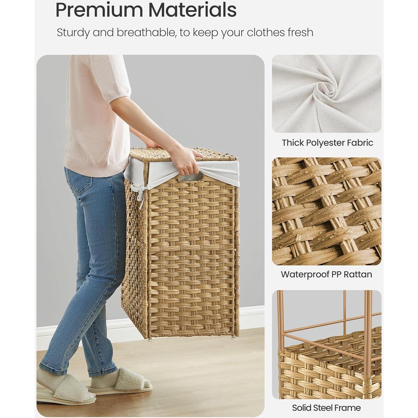 Cesta de Ropa SONGMICS 160L con Tapa y Ruedas, 3 Secciones