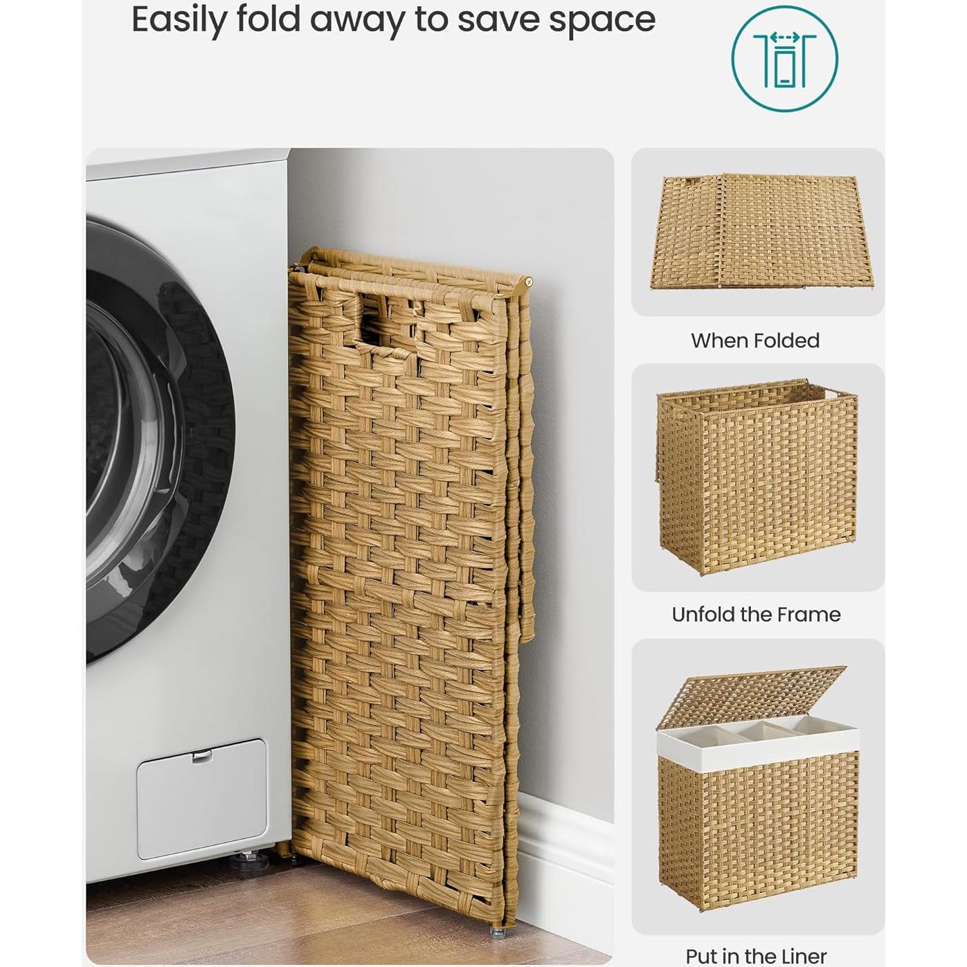 Cesta de Ropa SONGMICS 160L con Tapa y Ruedas, 3 Secciones