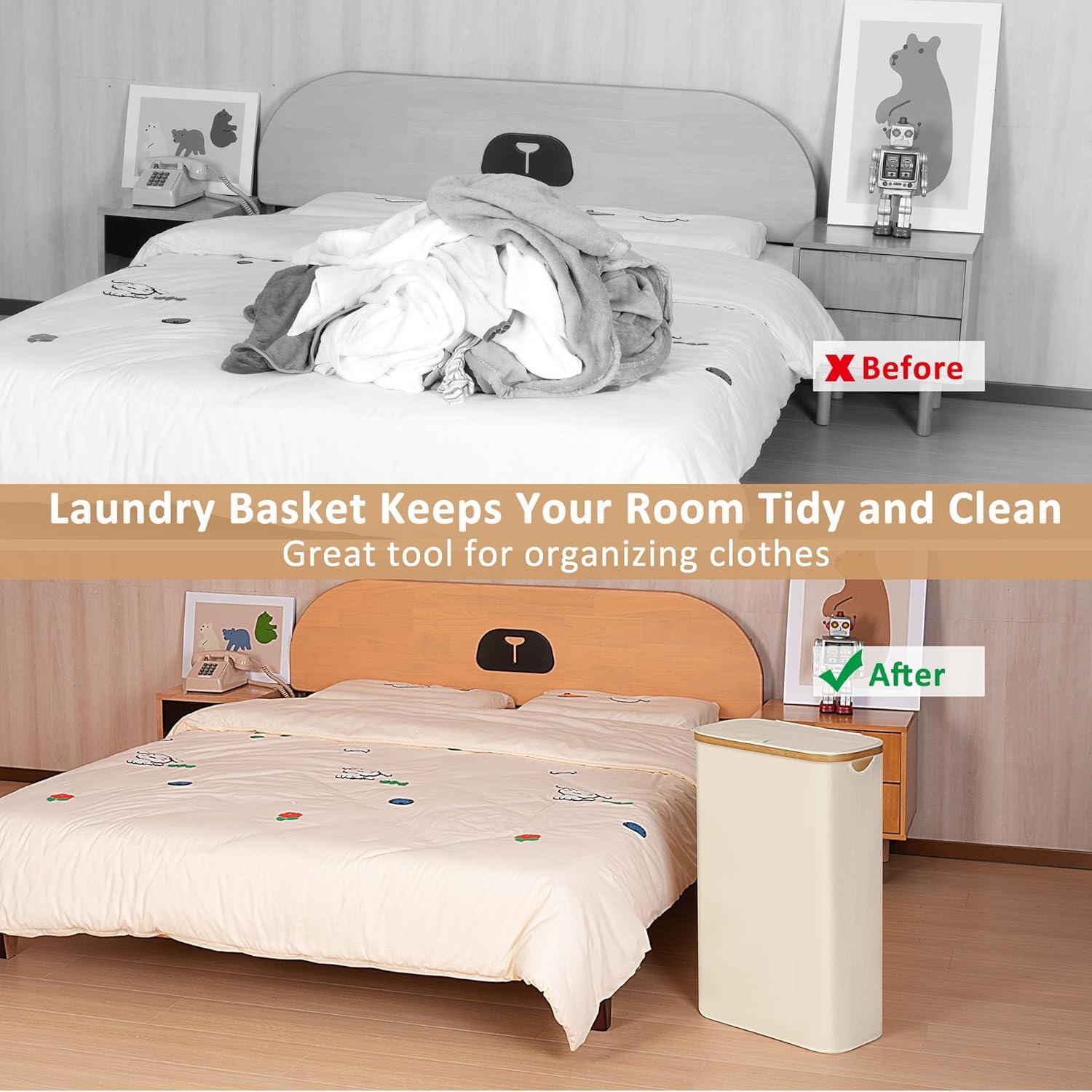 Cesto de Ropa Plegable iEGrow 60L Beige con Tapa y Mangos