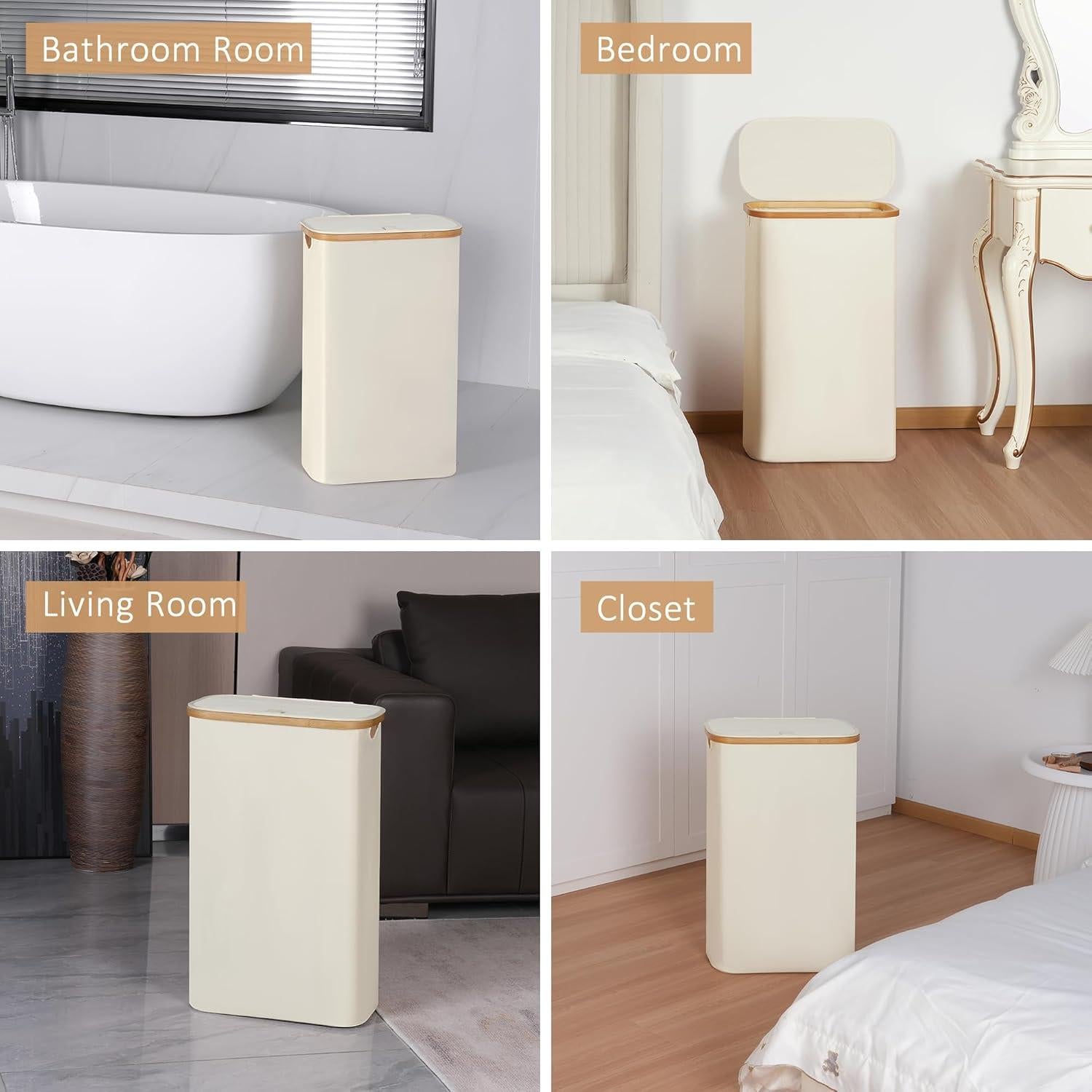 Cesto de Ropa Plegable iEGrow 60L Beige con Tapa y Mangos