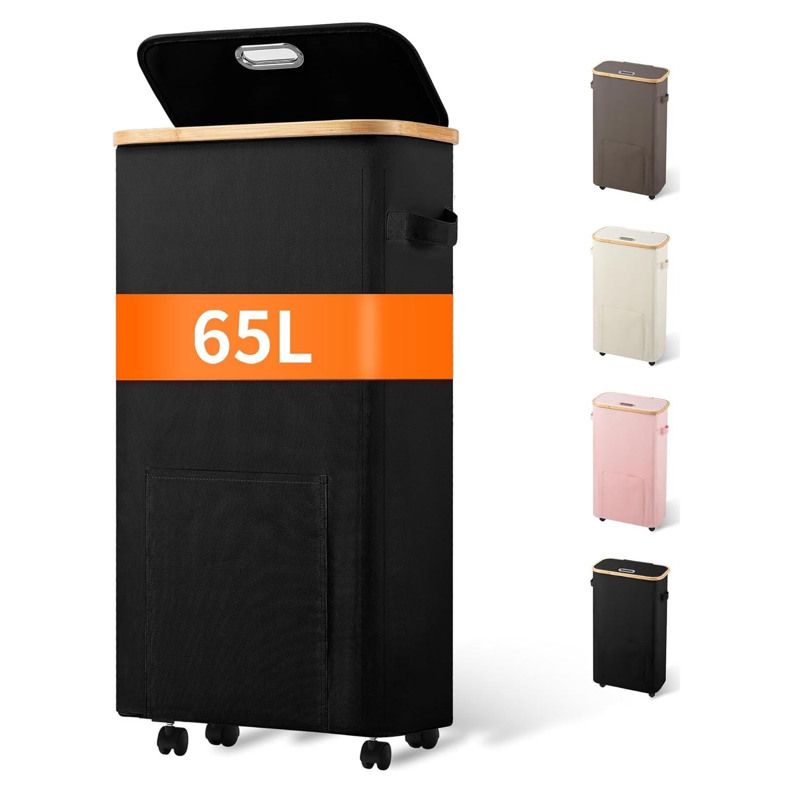 Cesta de lavandería Vincona 65L con ruedas y tapa negra