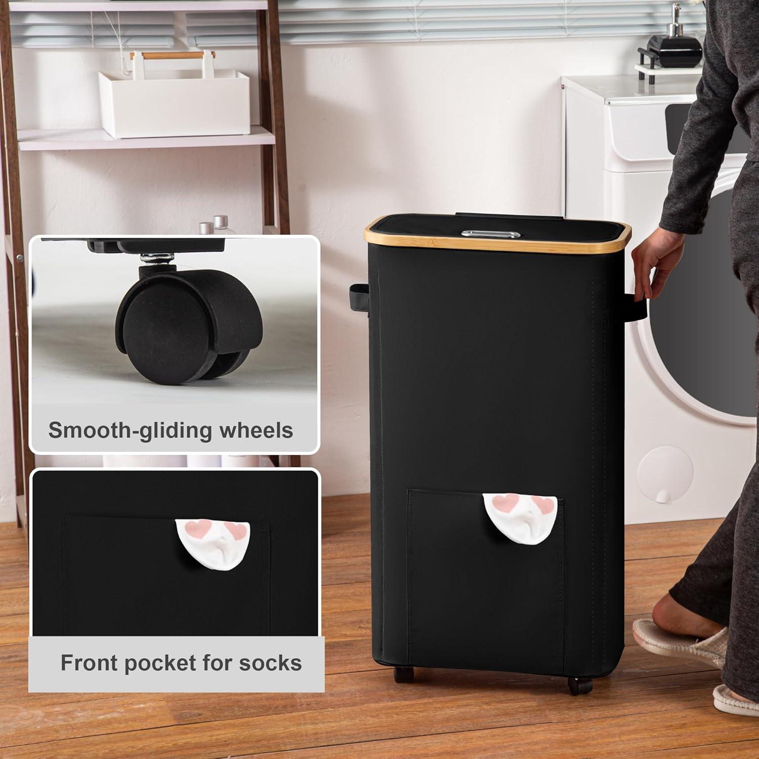 Cesta de lavandería Vincona 65L con ruedas y tapa negra