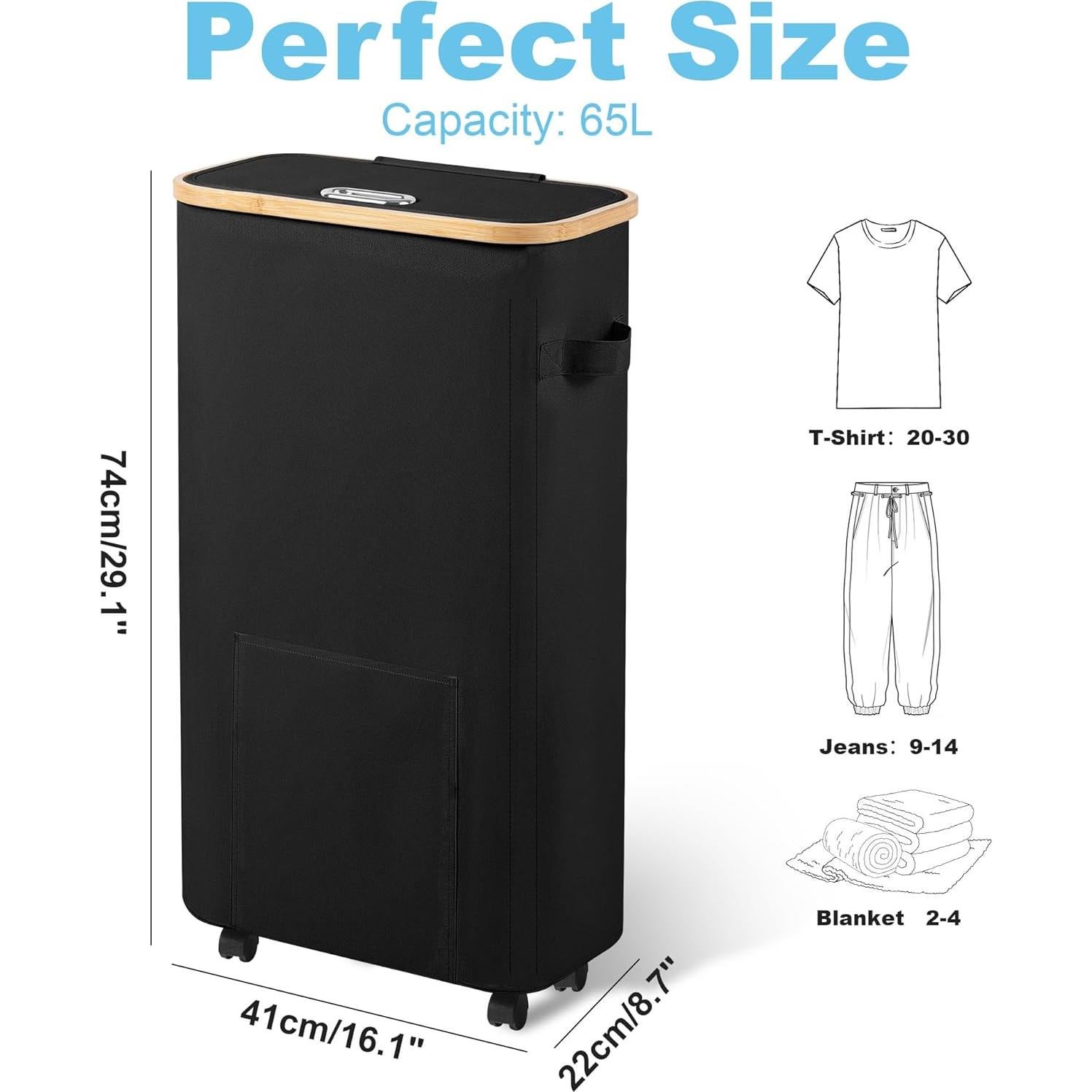 Cesta de lavandería Vincona 65L con ruedas y tapa negra