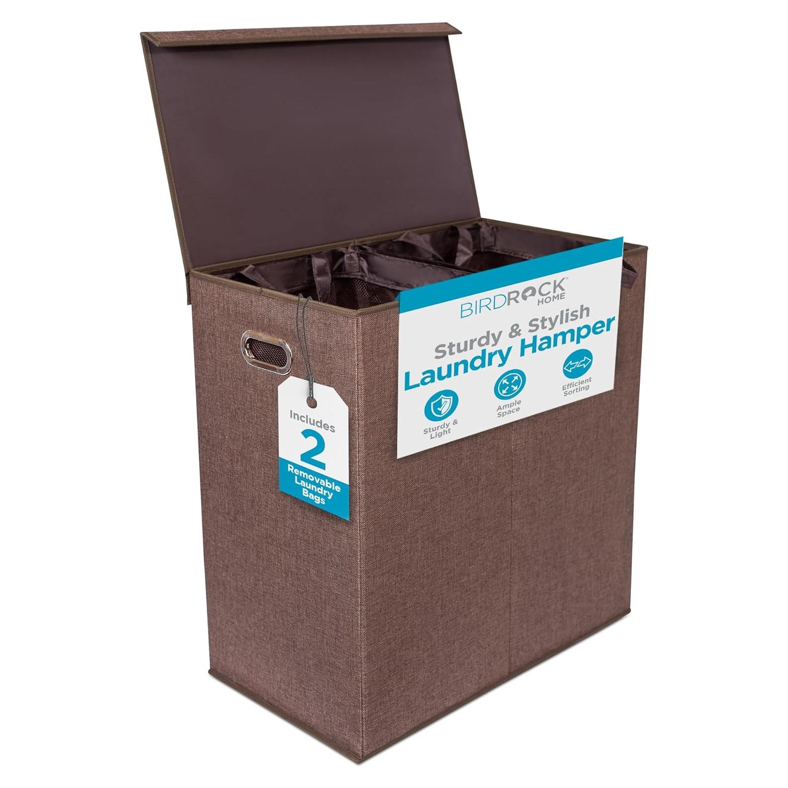 Cesta de Ropa Doble BIRDROCK HOME con Tapa 49.2L Marrón