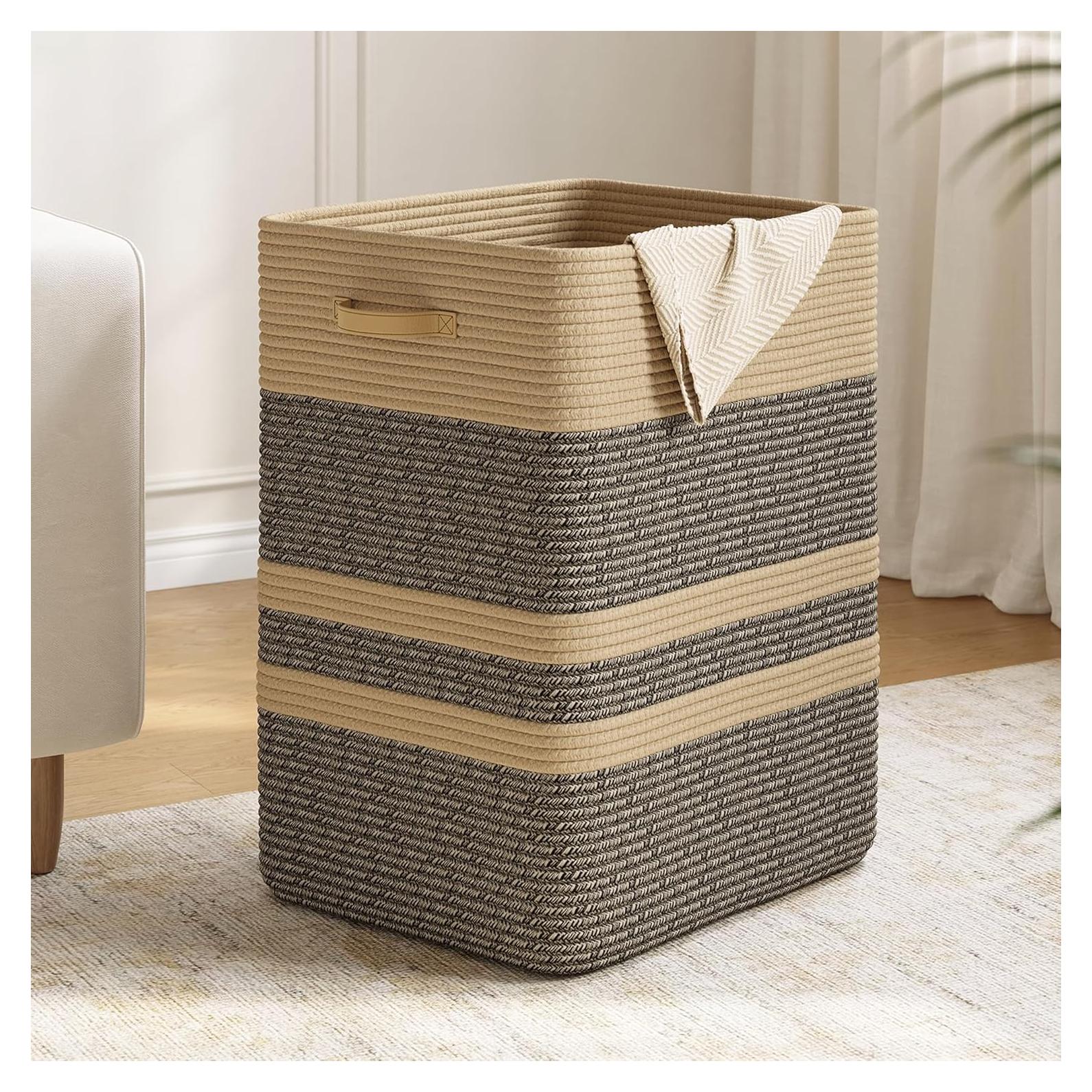 Cesto de Ropa 95L Nunsino Marrón Oscuro con Mangos de Cuero