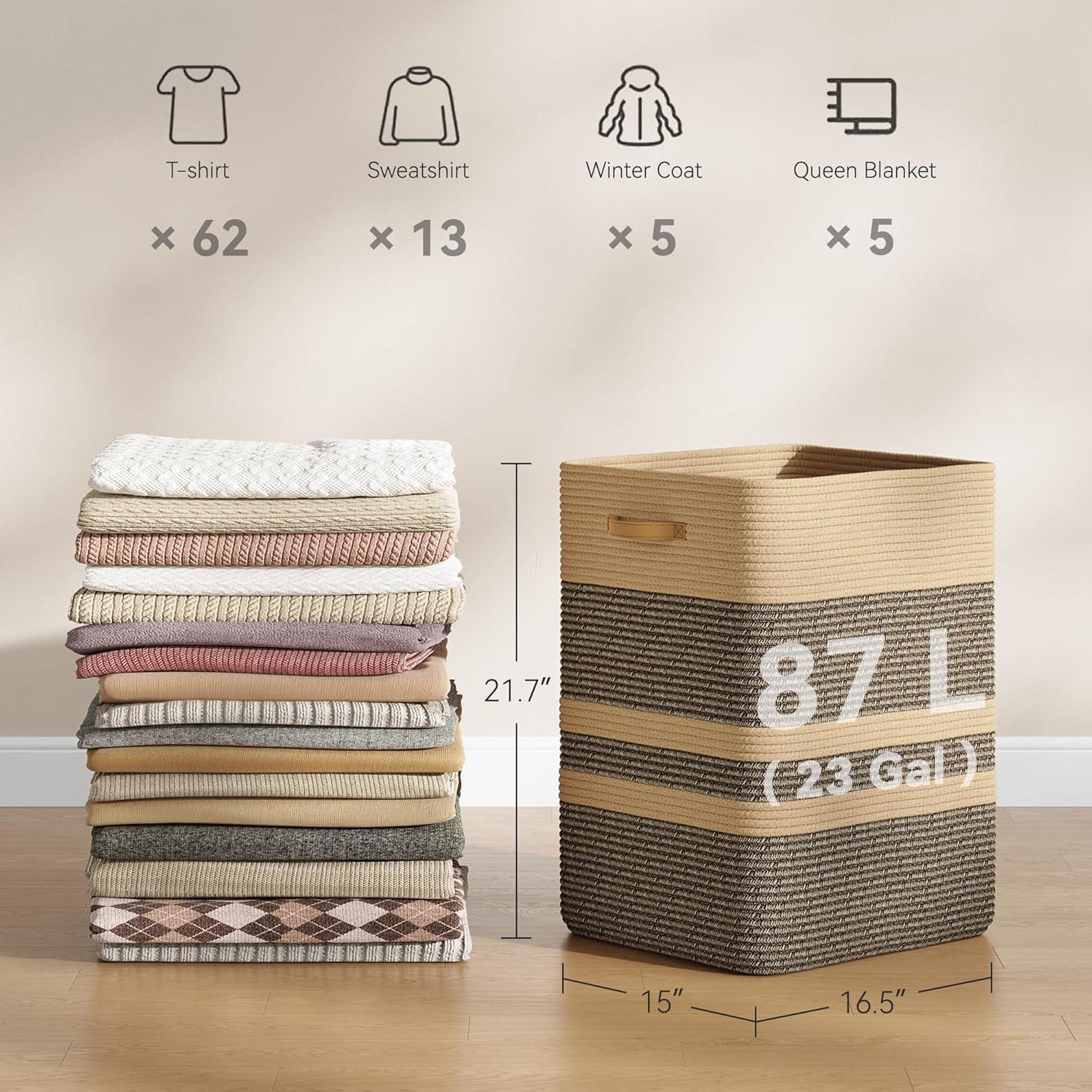 Cesto de Ropa 95L Nunsino Marrón Oscuro con Mangos de Cuero