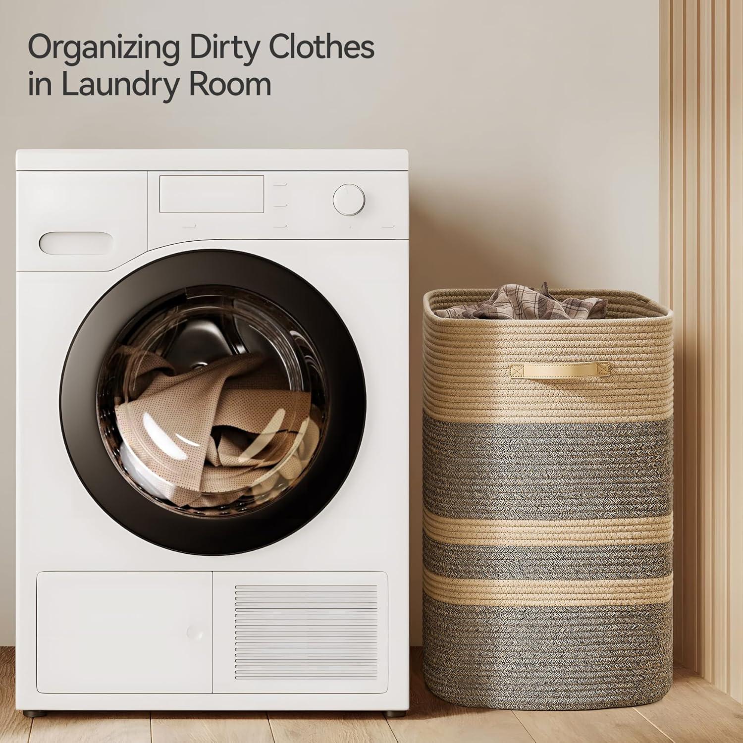 Cesto de Ropa 95L Nunsino Marrón Oscuro con Mangos de Cuero