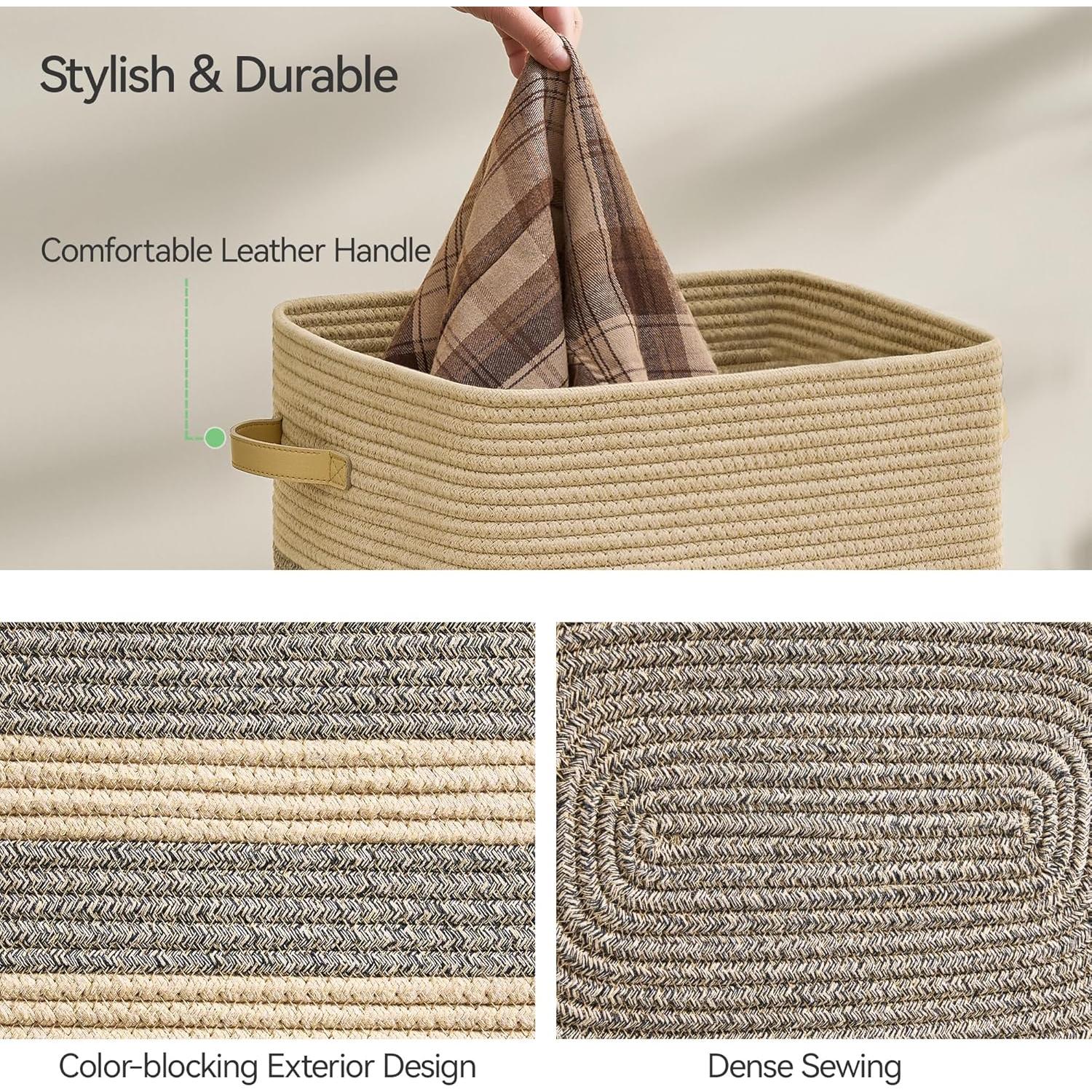 Cesto de Ropa 95L Nunsino Marrón Oscuro con Mangos de Cuero