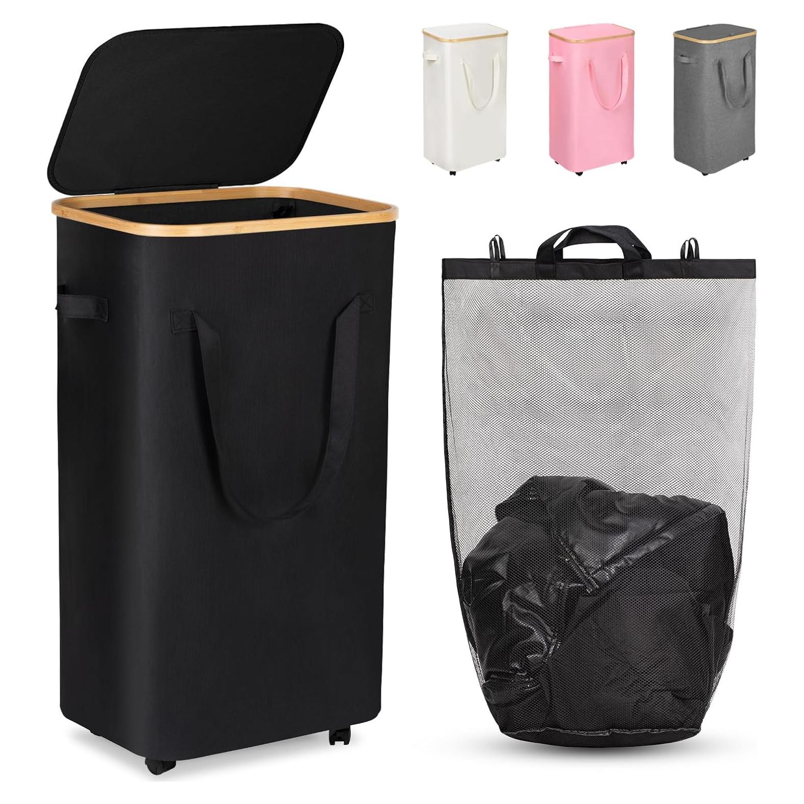 Cesto de Ropa Plegable WELTRXE 110L con Ruedas y Tapa