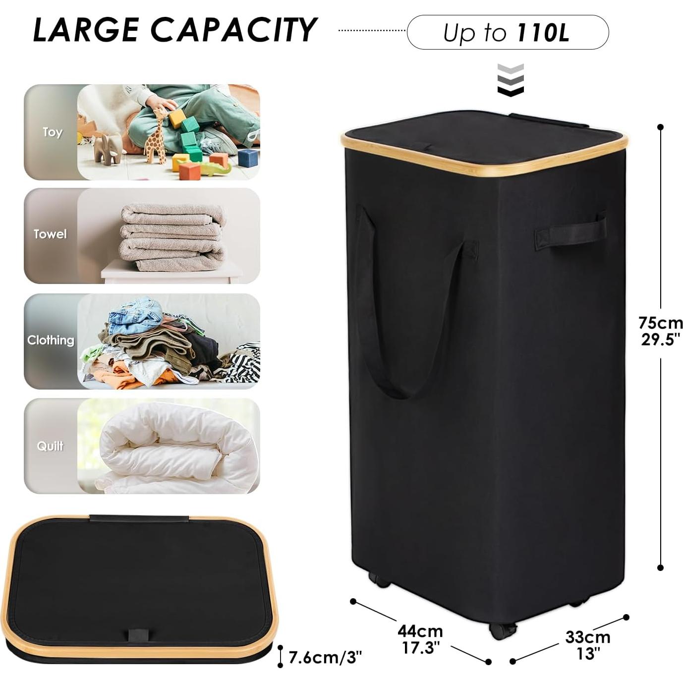 Cesto de Ropa Plegable WELTRXE 110L con Ruedas y Tapa