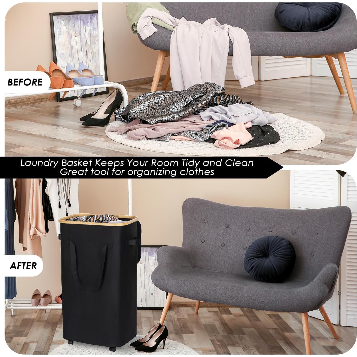 Cesto de Ropa Plegable WELTRXE 110L con Ruedas y Tapa