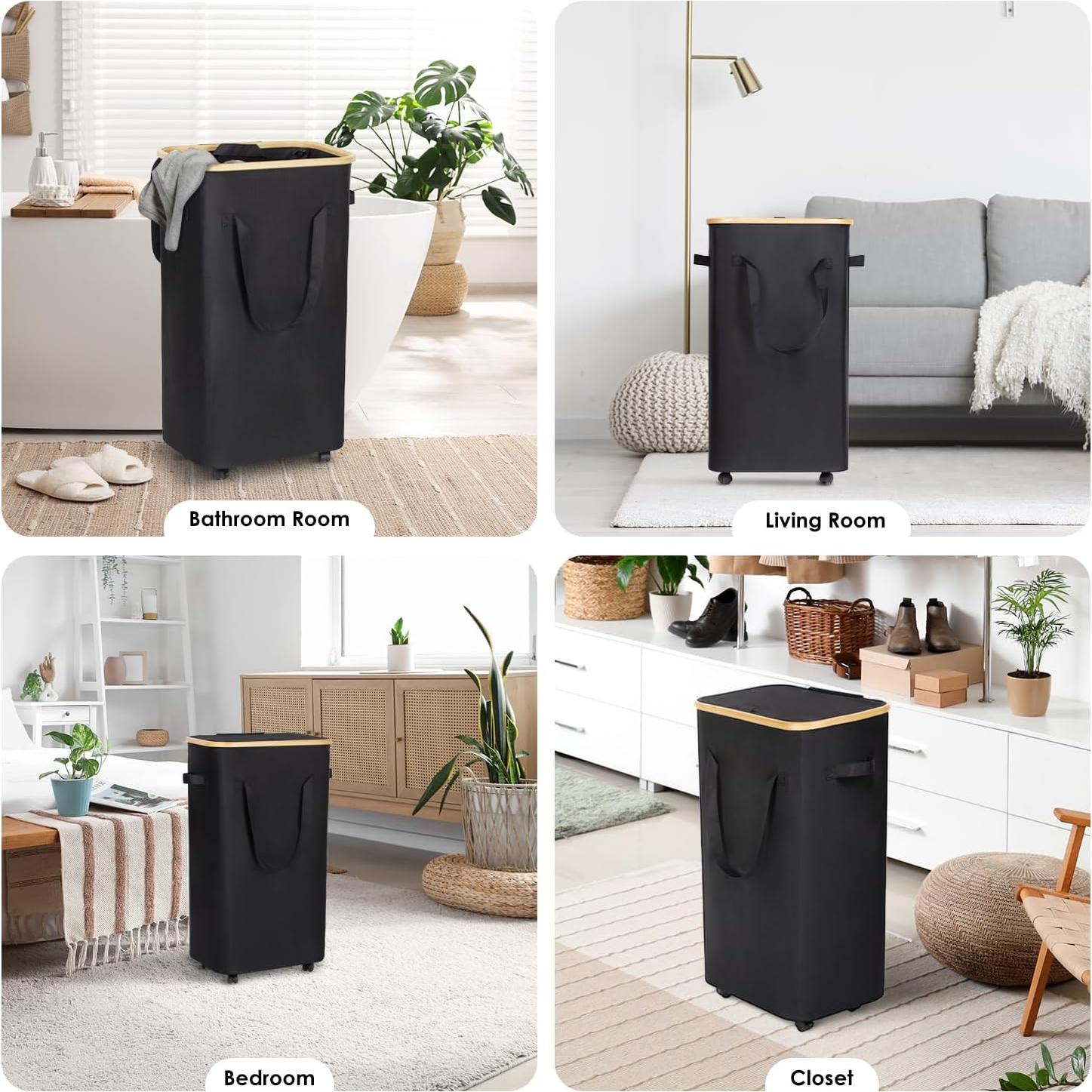 Cesto de Ropa Plegable WELTRXE 110L con Ruedas y Tapa