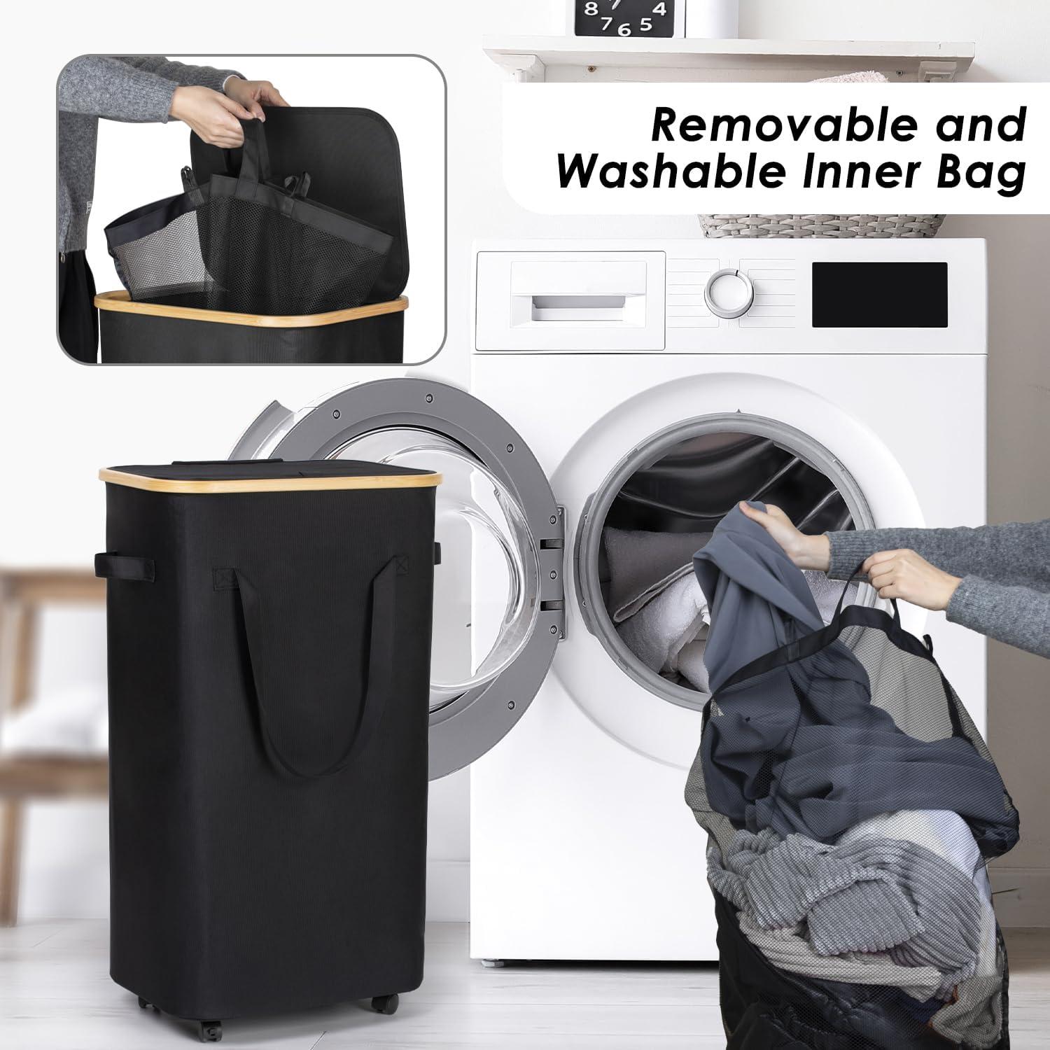 Cesto de Ropa Plegable WELTRXE 110L con Ruedas y Tapa