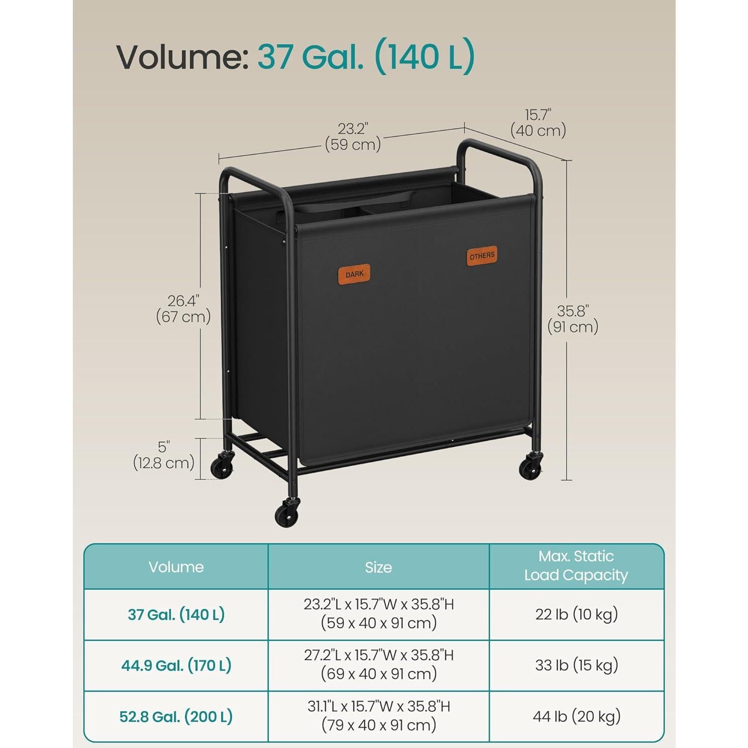 Cesto de Ropa SONGMICS 2 Secciones 140L Negro Tinta