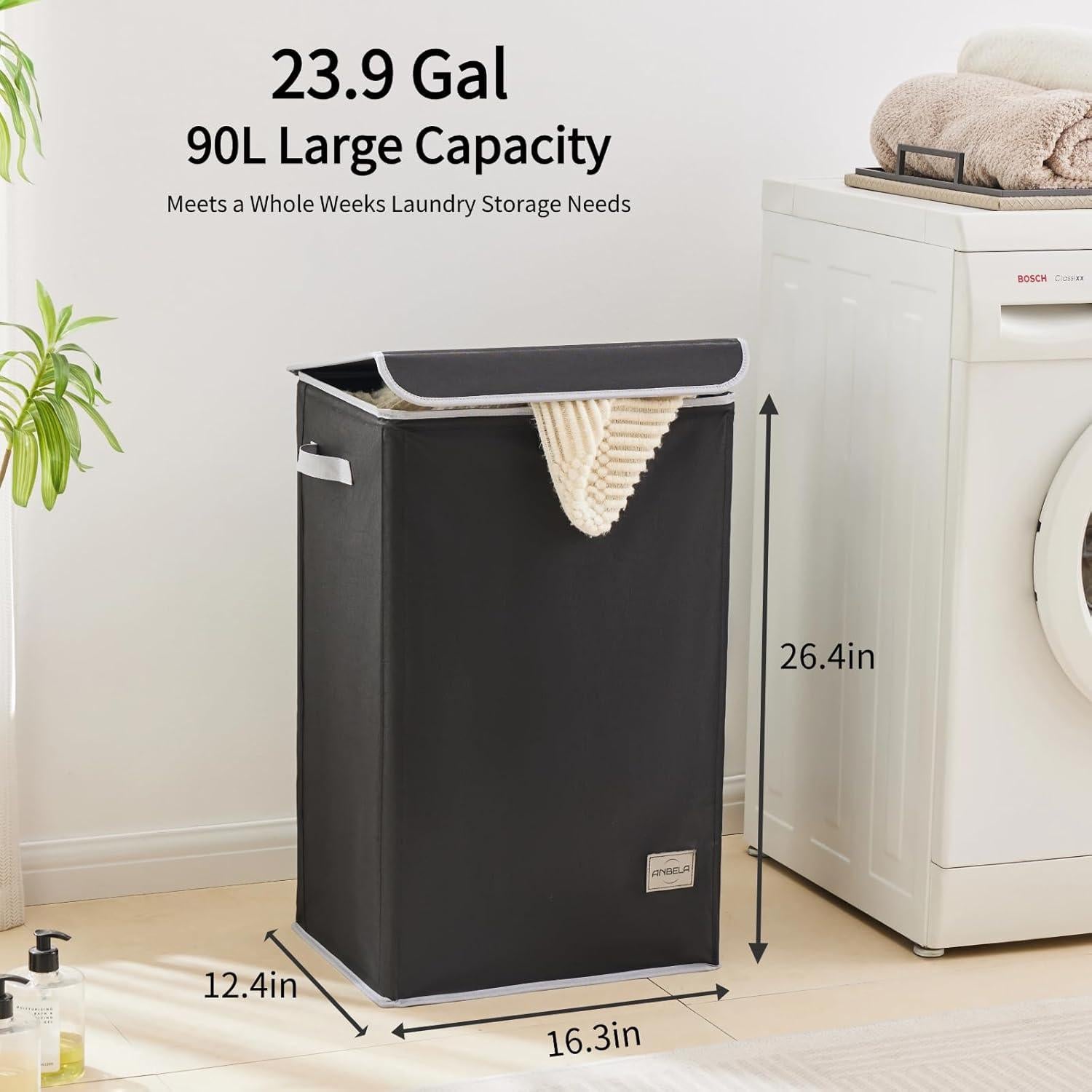 Cesta de Ropa Plegable ANBELA 90L con Tapa y Bolsa Interna