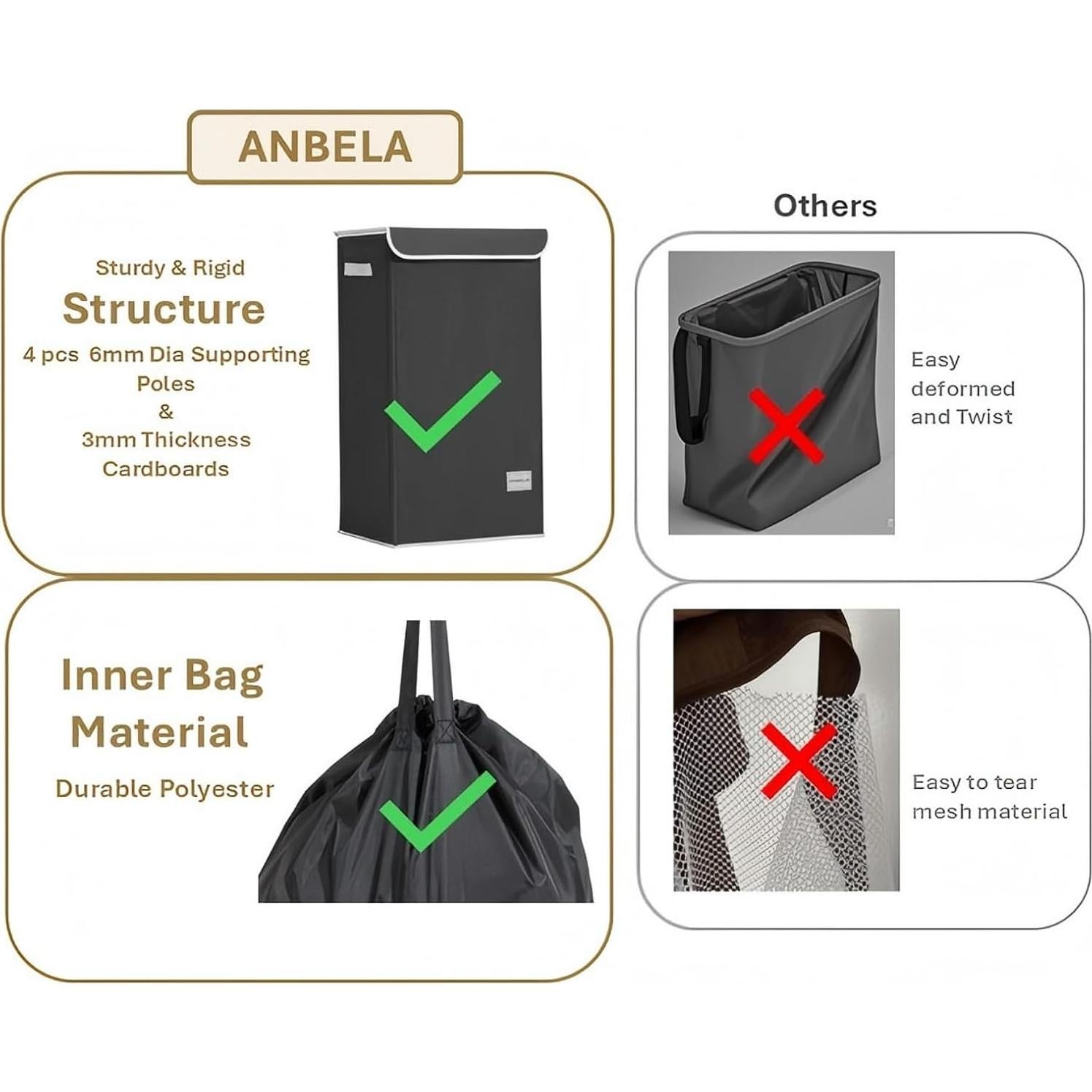 Cesta de Ropa Plegable ANBELA 90L con Tapa y Bolsa Interna