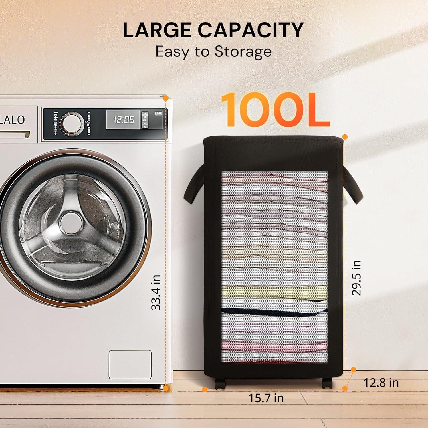 Cesto de Ropa Plegable Aloihoy 100L con Ruedas - Negro