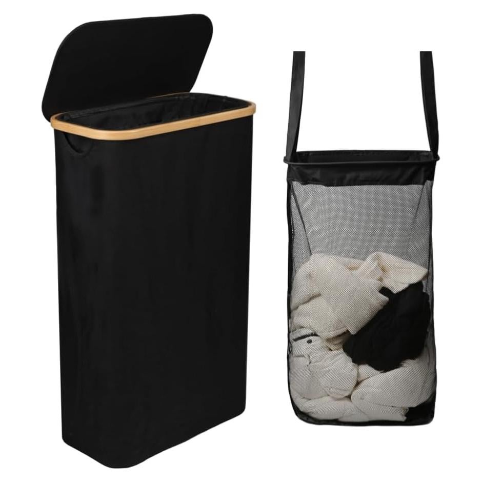 Cesto de Ropa Slim ErraLife 60L con Tapa y Mangos de Bambú