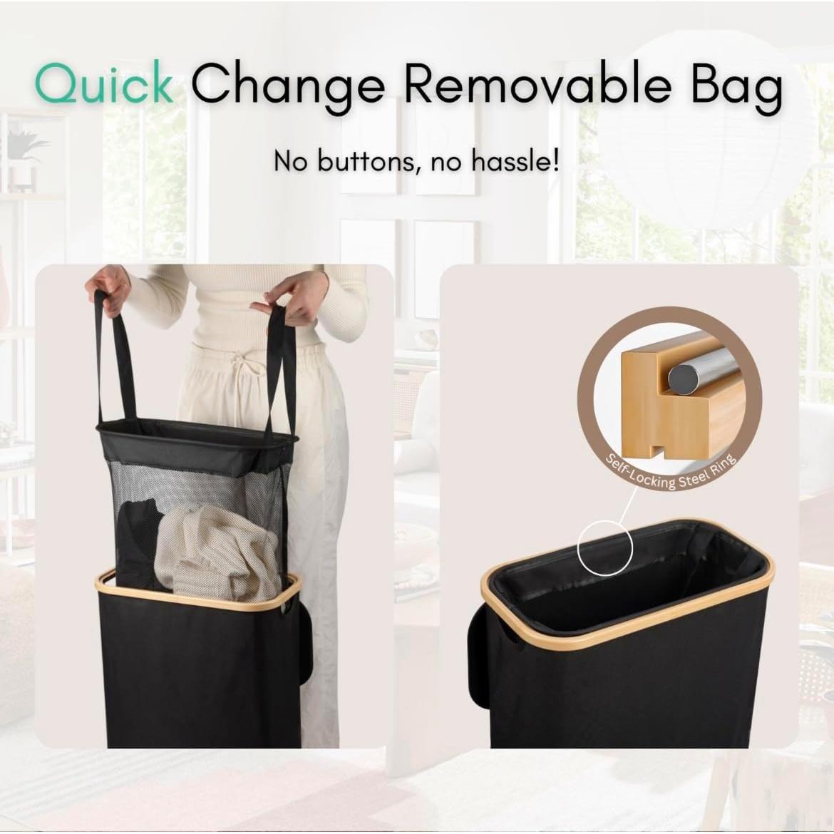 Cesto de Ropa Slim ErraLife 60L con Tapa y Mangos de Bambú