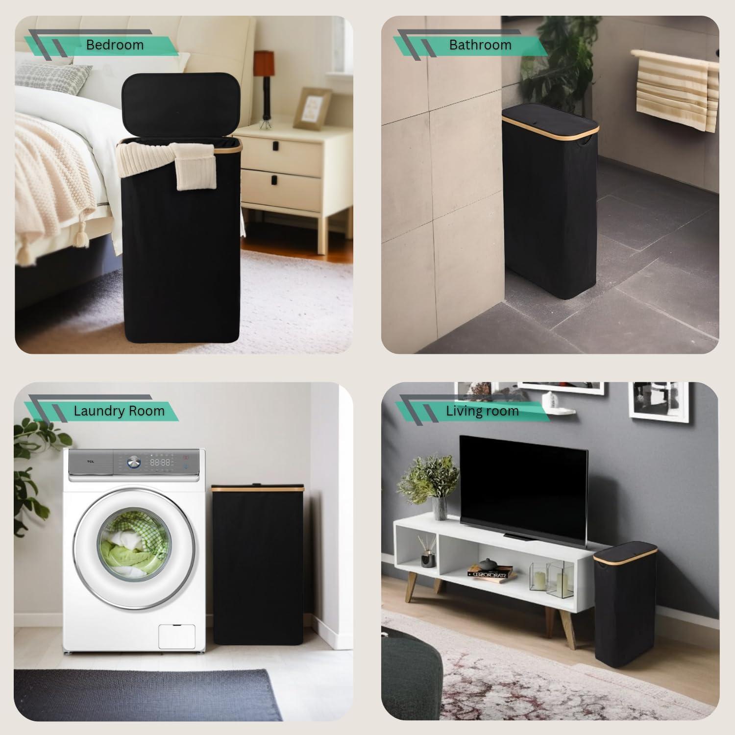 Cesto de Ropa Slim ErraLife 60L con Tapa y Mangos de Bambú