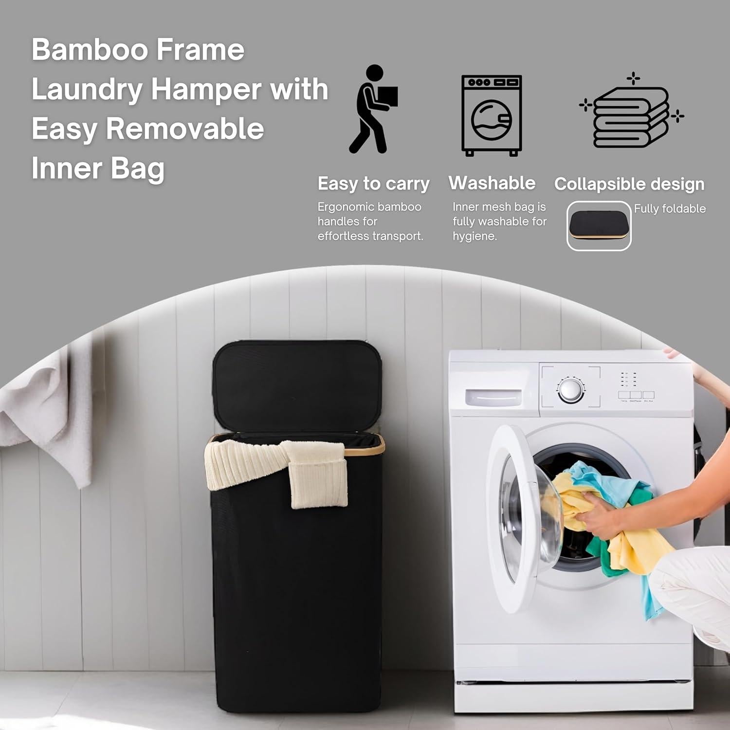 Cesto de Ropa Slim ErraLife 60L con Tapa y Mangos de Bambú