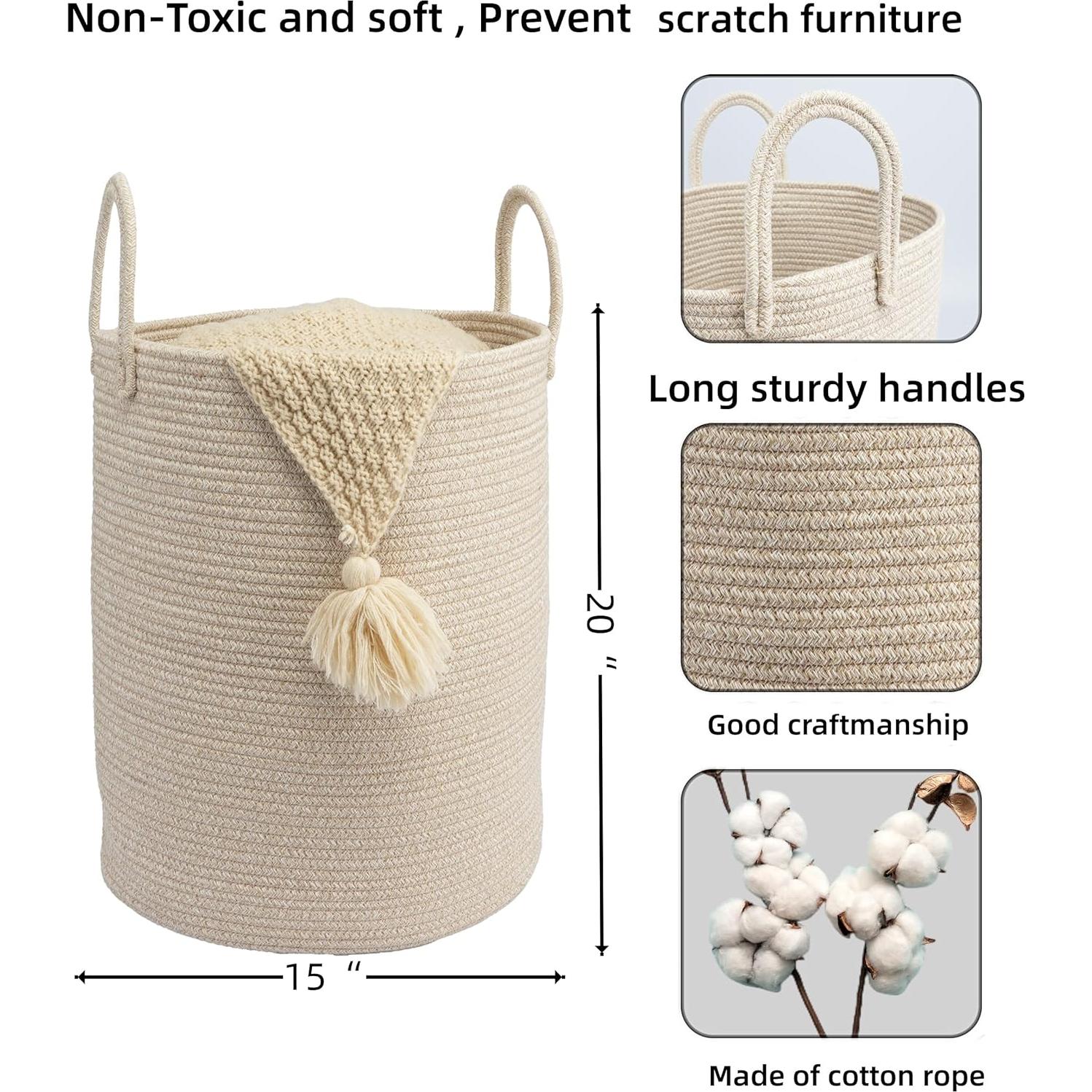 Cesta de lavandería JUNBOLE 38x50 cm cuerda algodón avena