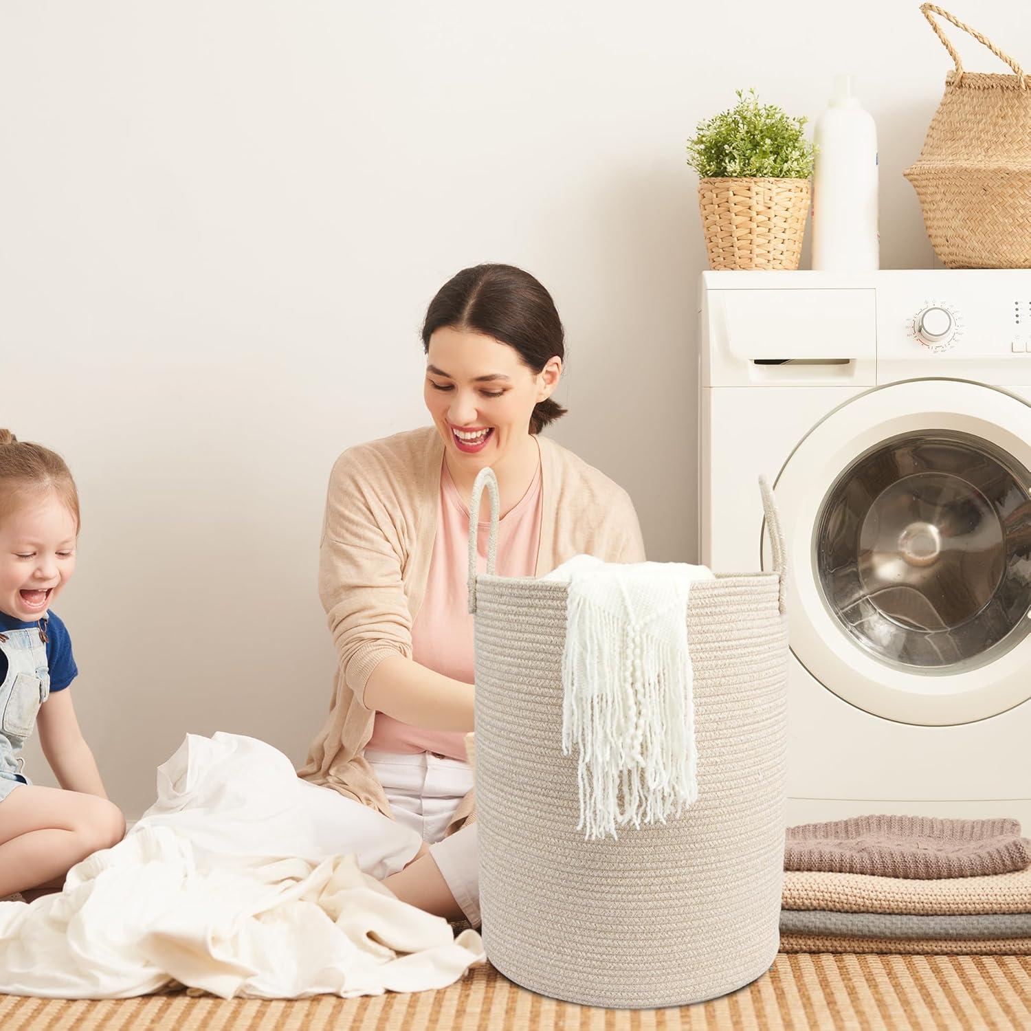 Cesta de lavandería JUNBOLE 38x50 cm cuerda algodón avena