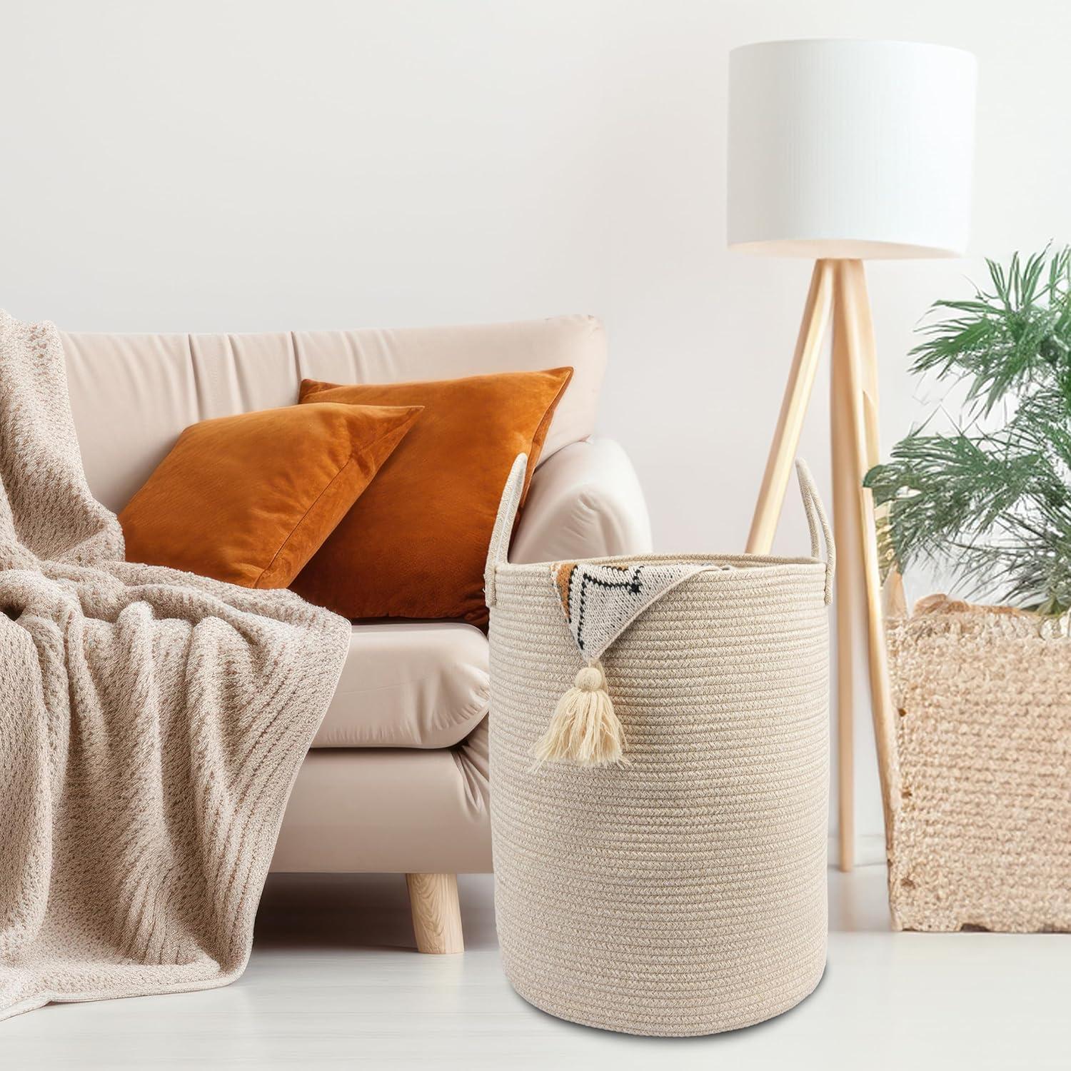 Cesta de lavandería JUNBOLE 38x50 cm cuerda algodón avena