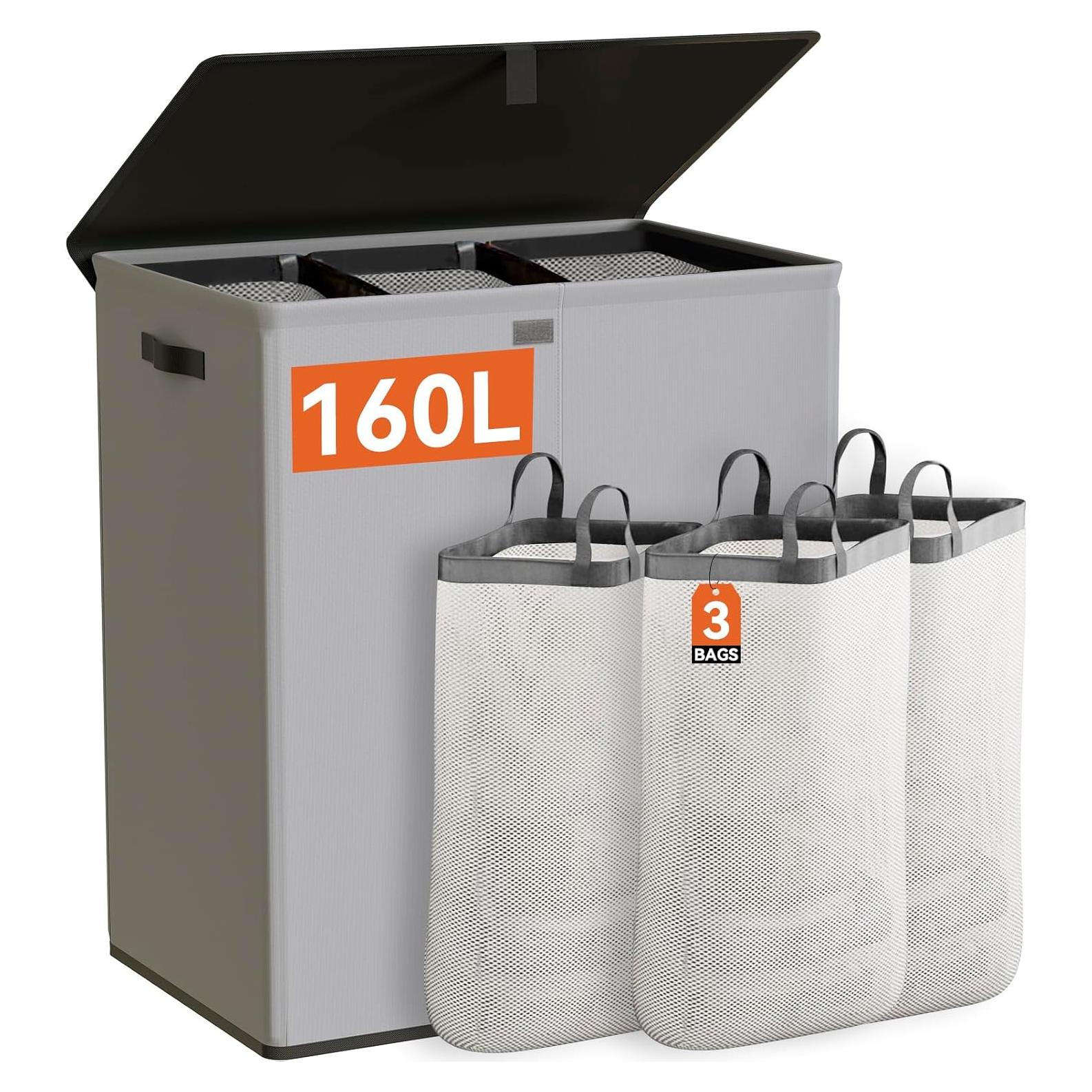 Cesto de Ropa WOWLIVE 160L con Tapa y 3 Compartimentos Gris