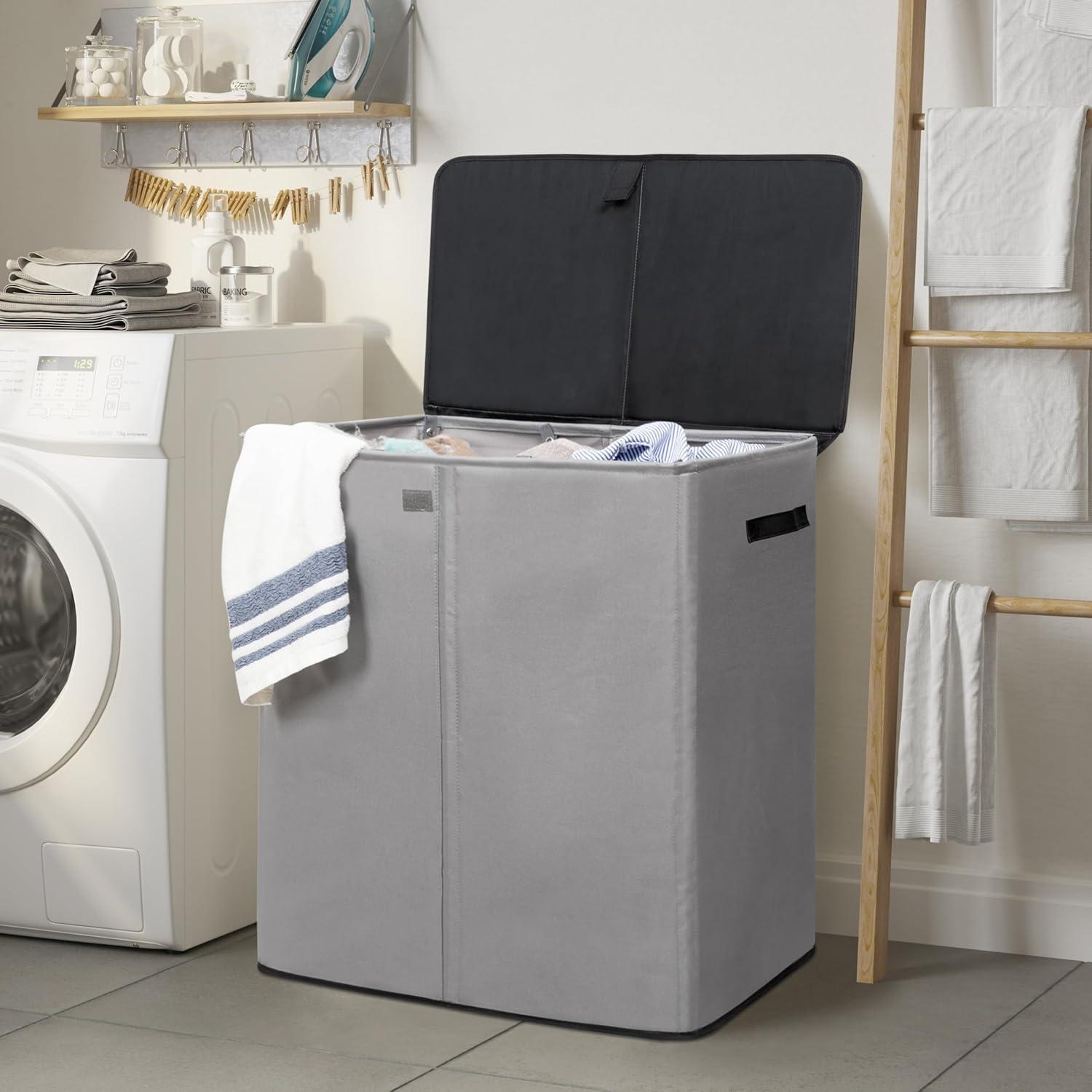 Cesto de Ropa WOWLIVE 160L con Tapa y 3 Compartimentos Gris