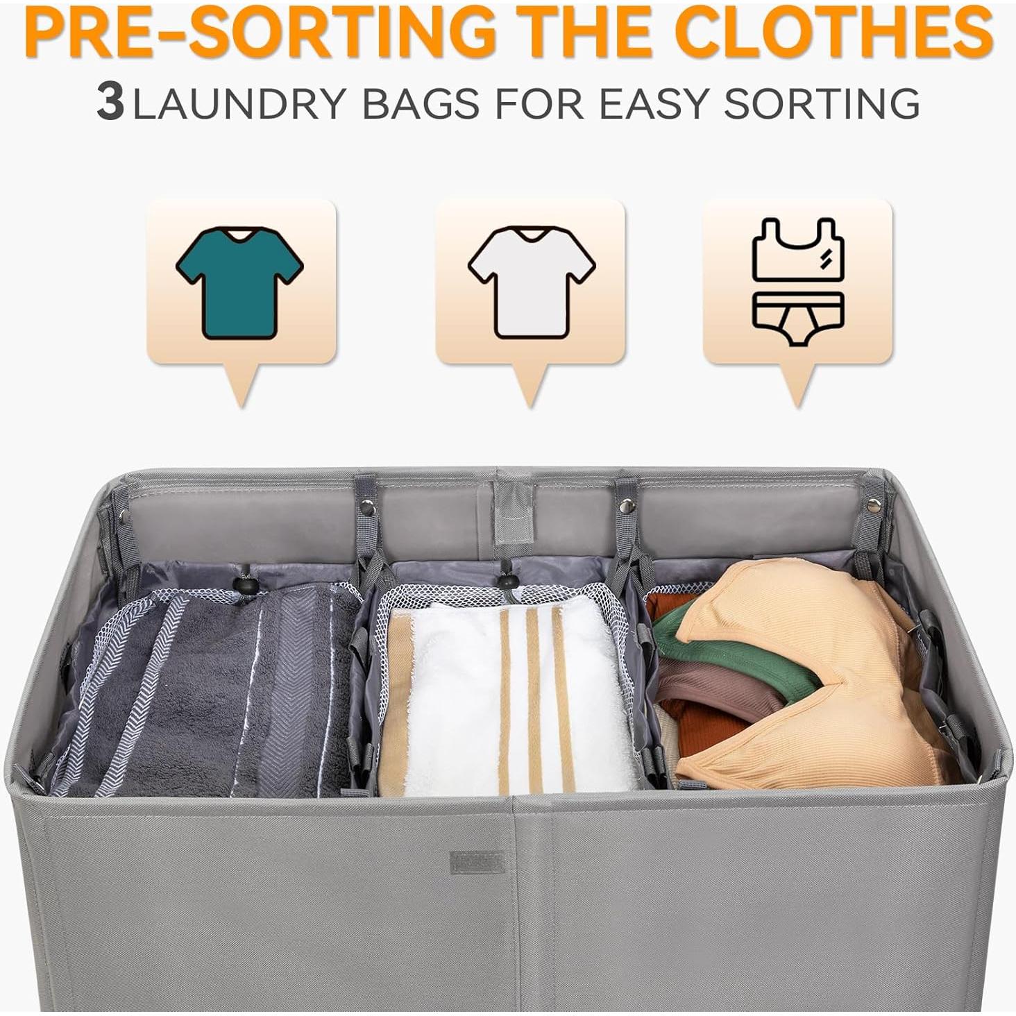 Cesto de Ropa WOWLIVE 160L con Tapa y 3 Compartimentos Gris