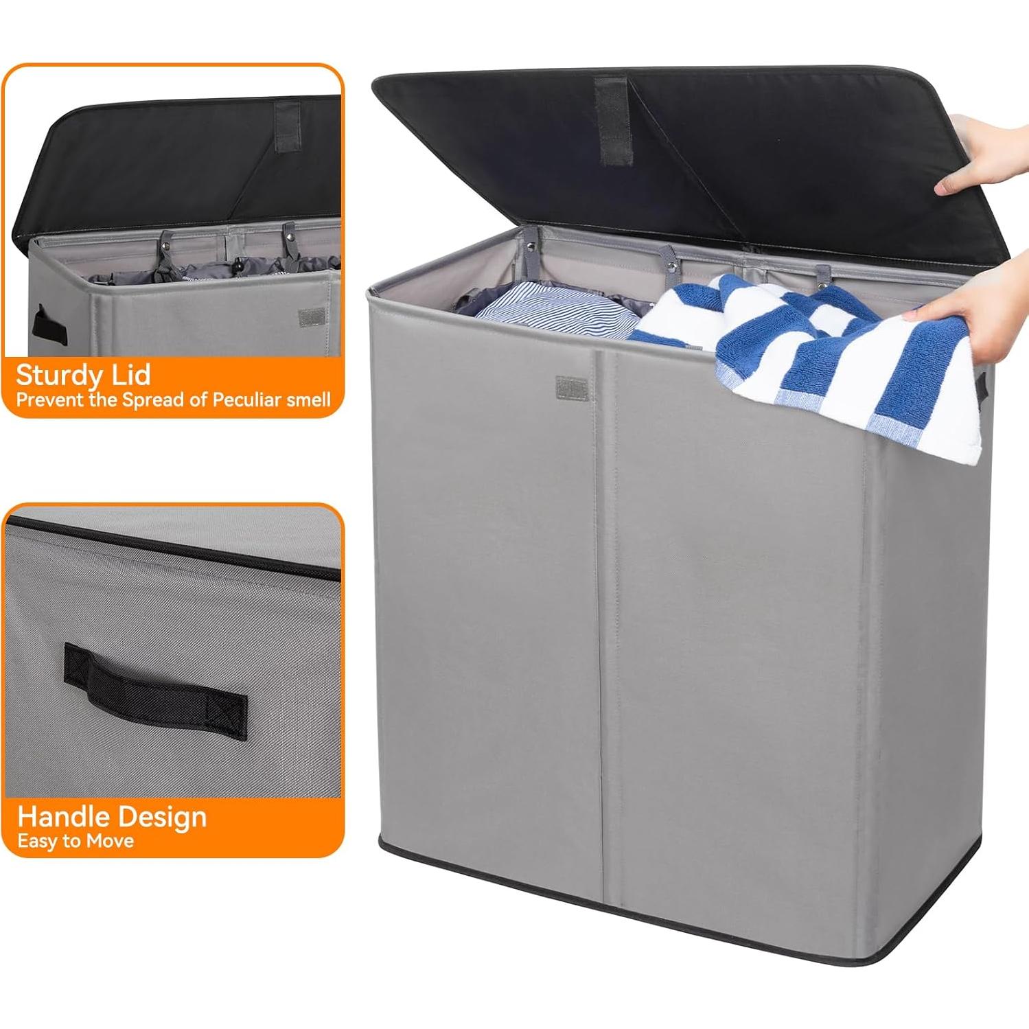 Cesto de Ropa WOWLIVE 160L con Tapa y 3 Compartimentos Gris